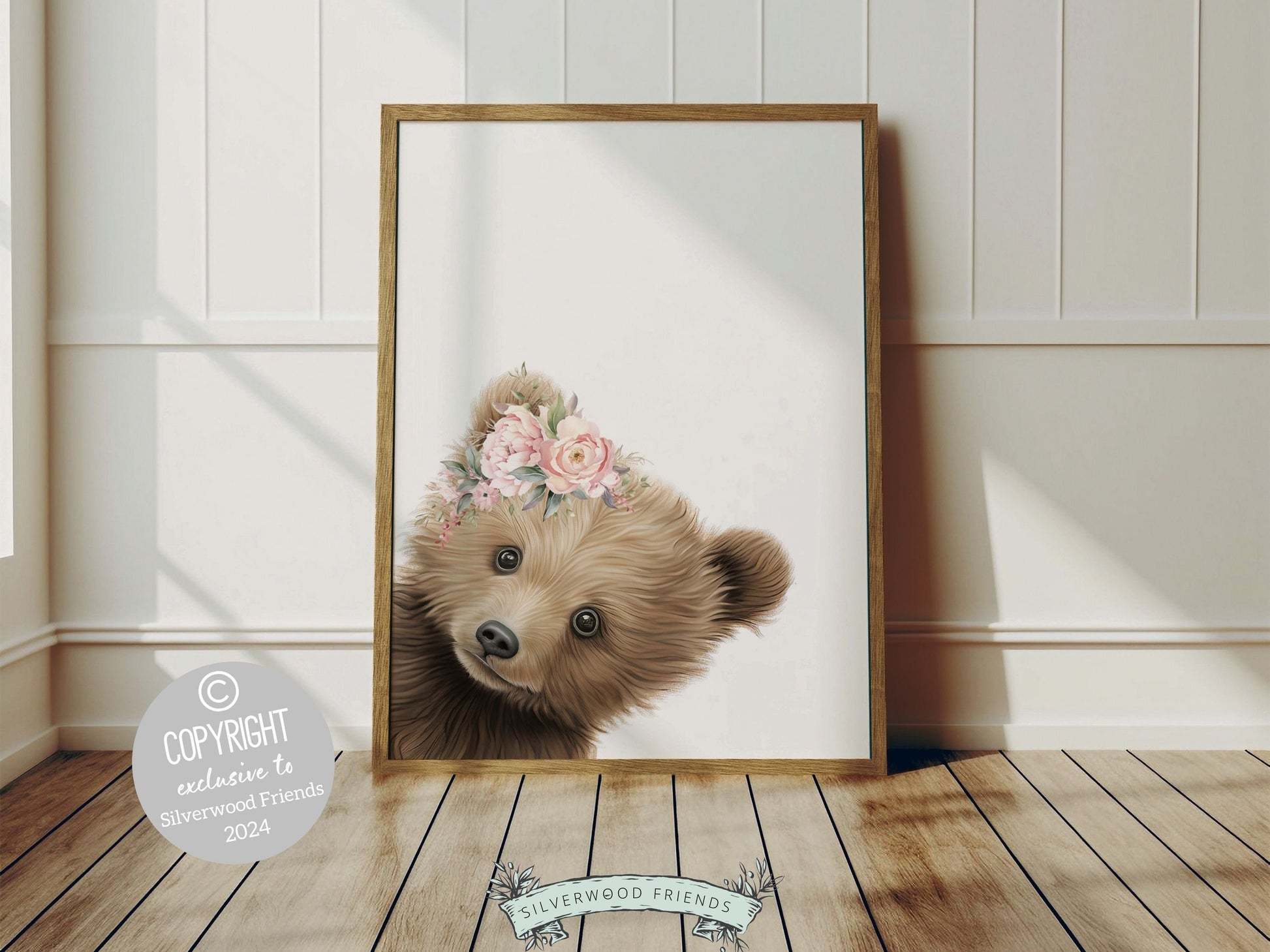 Peeking Bear Nursery Print, Floral Bear Nursery Decor, Baby Girl Wildflower Woodland Nursery Decor, Baby Bear Nursery Wall Art Digital Print