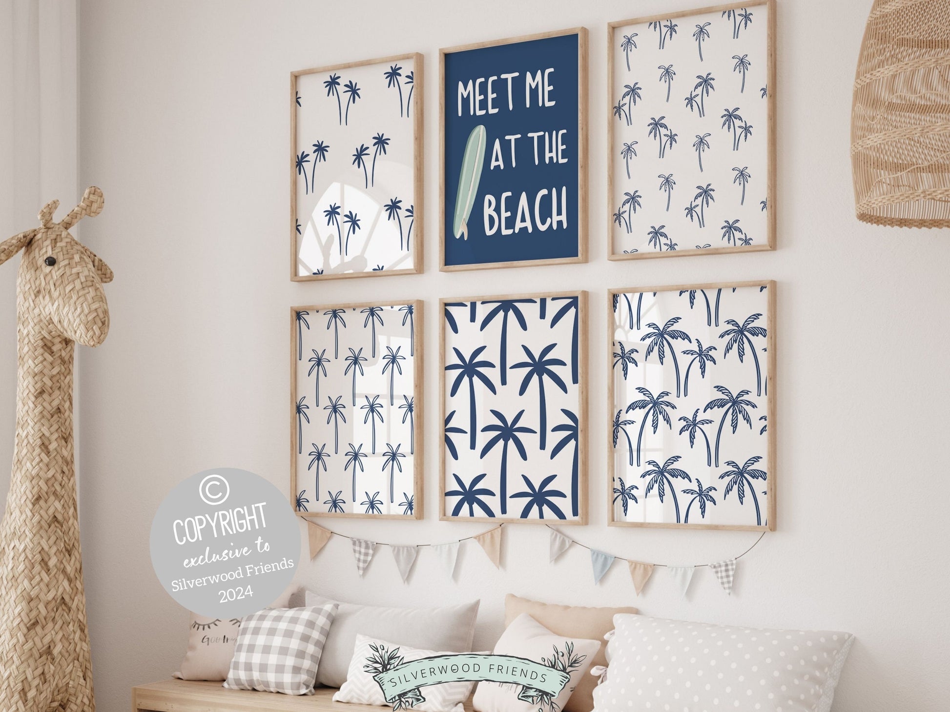 Set of 6 Surfboard Palm Tree Prints featuring minimalist navy blue beachy designs and quote meet me at the beach. Ideal for your beach house or surfing room wall decor. Our charming prints also make a thoughtful and unique beachy baby shower gift.