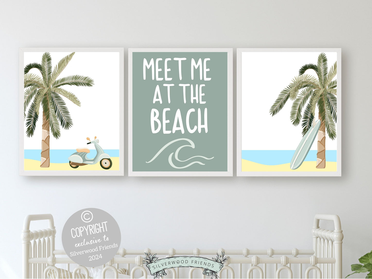 Coastal Wall Art, Surfboard Palm Tree Print, Beachy Dorm Room Decor, Trendy Teen Beach House Wall Decor, Meet Me At The Beach Digital Print