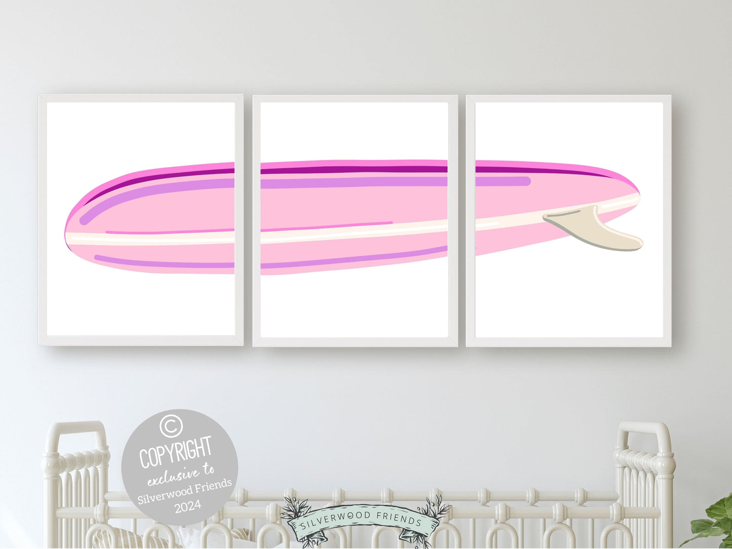 Pink Surfboard Nursery Print, Baby Girl Beachy Nursery Wall Art, Girl Coastal Room Decor, Girly Beach House Surfing Room Decor Digital Print