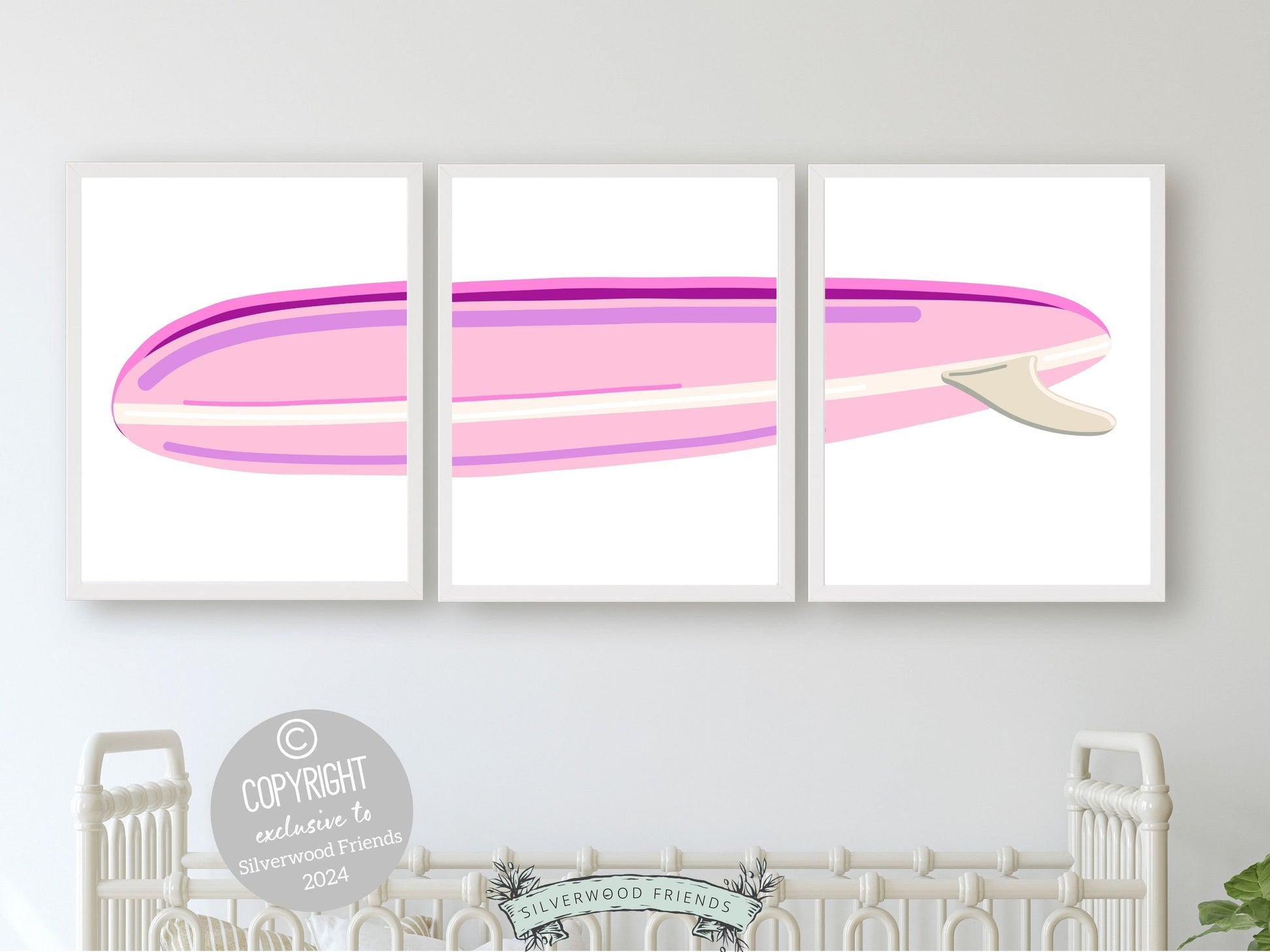 Pink Surfboard Nursery Print, Baby Girl Beachy Nursery Wall Art, Girl Coastal Room Decor, Girly Beach House Surfing Room Decor Digital Print