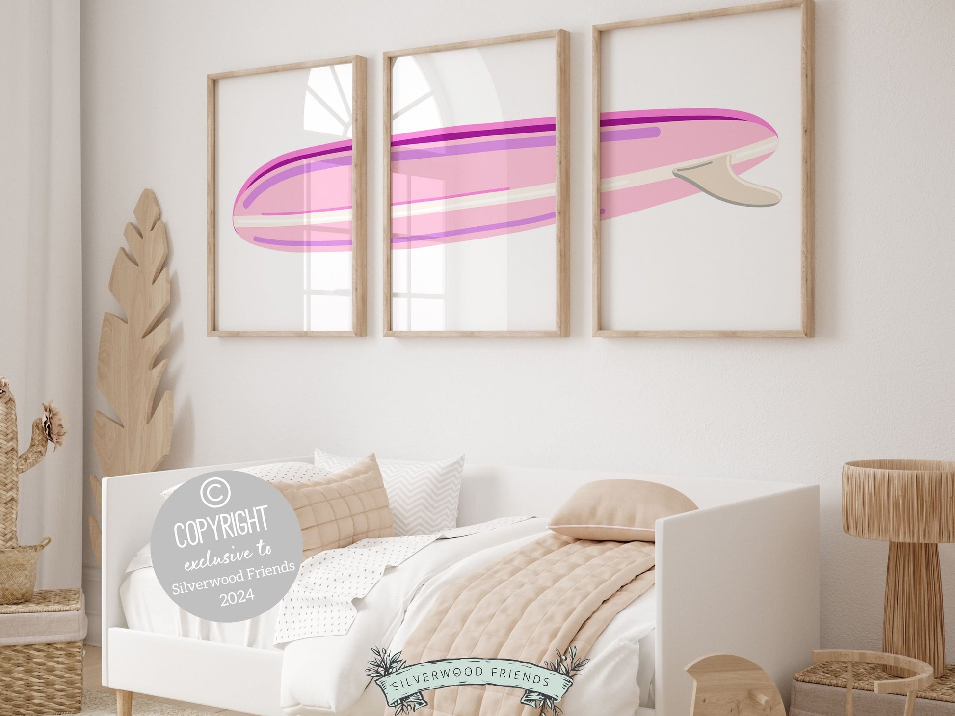 Set of 3 pink Surfboard Prints, featuring a minimalist design perfect for a baby girls beach house nursery or girls surfing room. Our prints make a unique beachy baby shower gift, adding a serene coastal touch to any space.