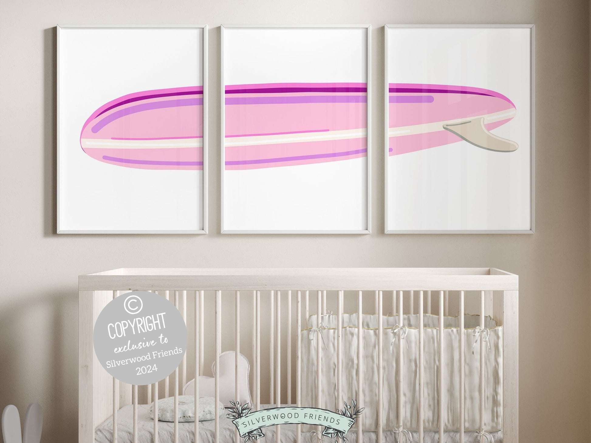 Pink Surfboard Nursery Print, Baby Girl Beachy Nursery Wall Art, Girl Coastal Room Decor, Girly Beach House Surfing Room Decor Digital Print