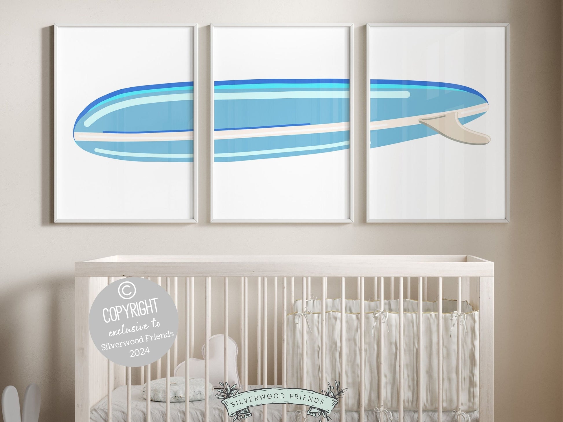 Blue Surfboard Nursery Print, Baby Boy Beachy Nursery Wall Art, Boys Coastal Room Decor, Kids Beach House Surfing Room Decor Digital Prints