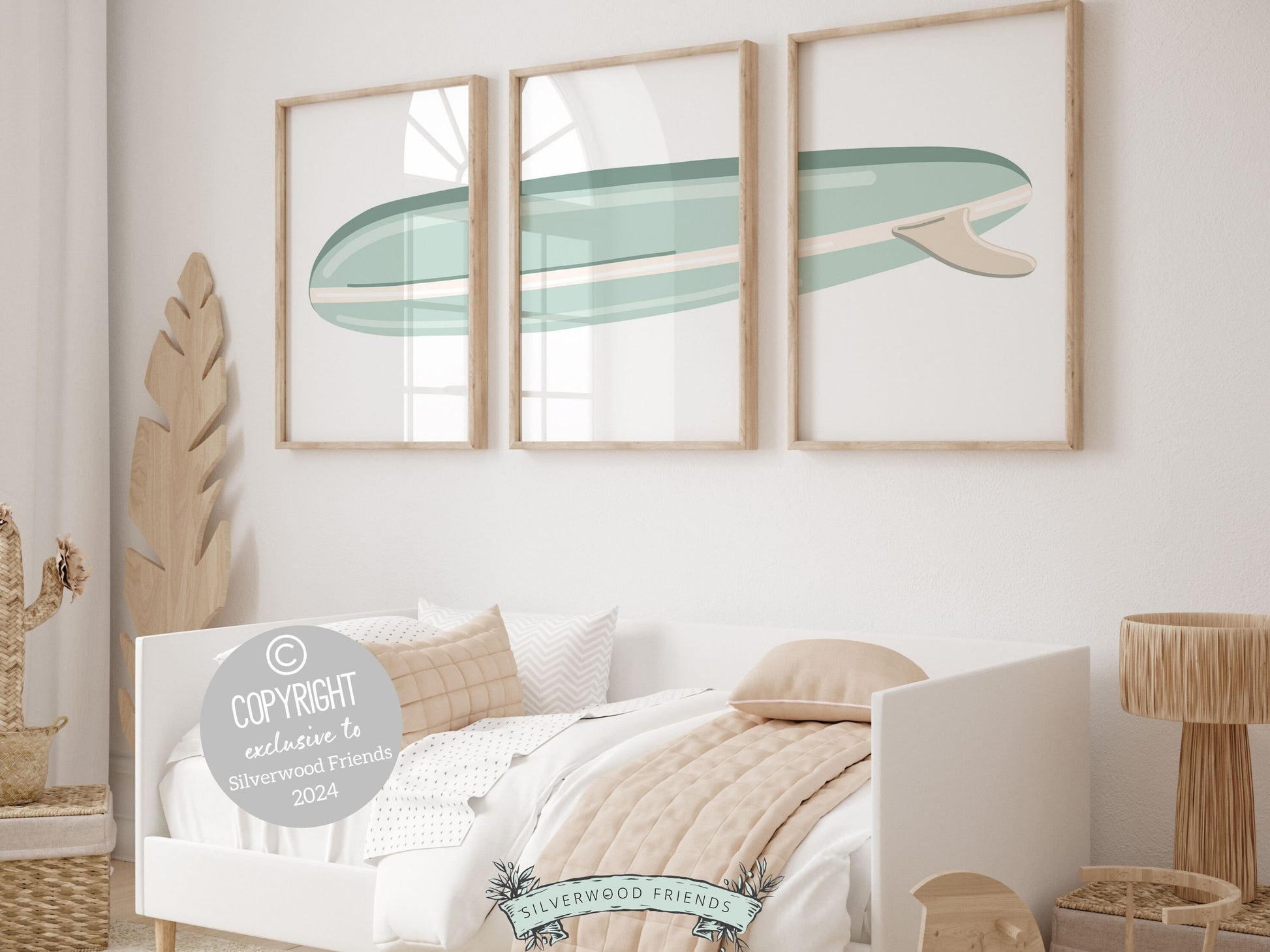 Enhance your decor with our Set of 3 green Surfboard Prints, featuring a minimalist design perfect for a babys beach house nursery or boys surfing room. Our prints make a unique beachy baby shower gift, adding a serene coastal touch to any space.