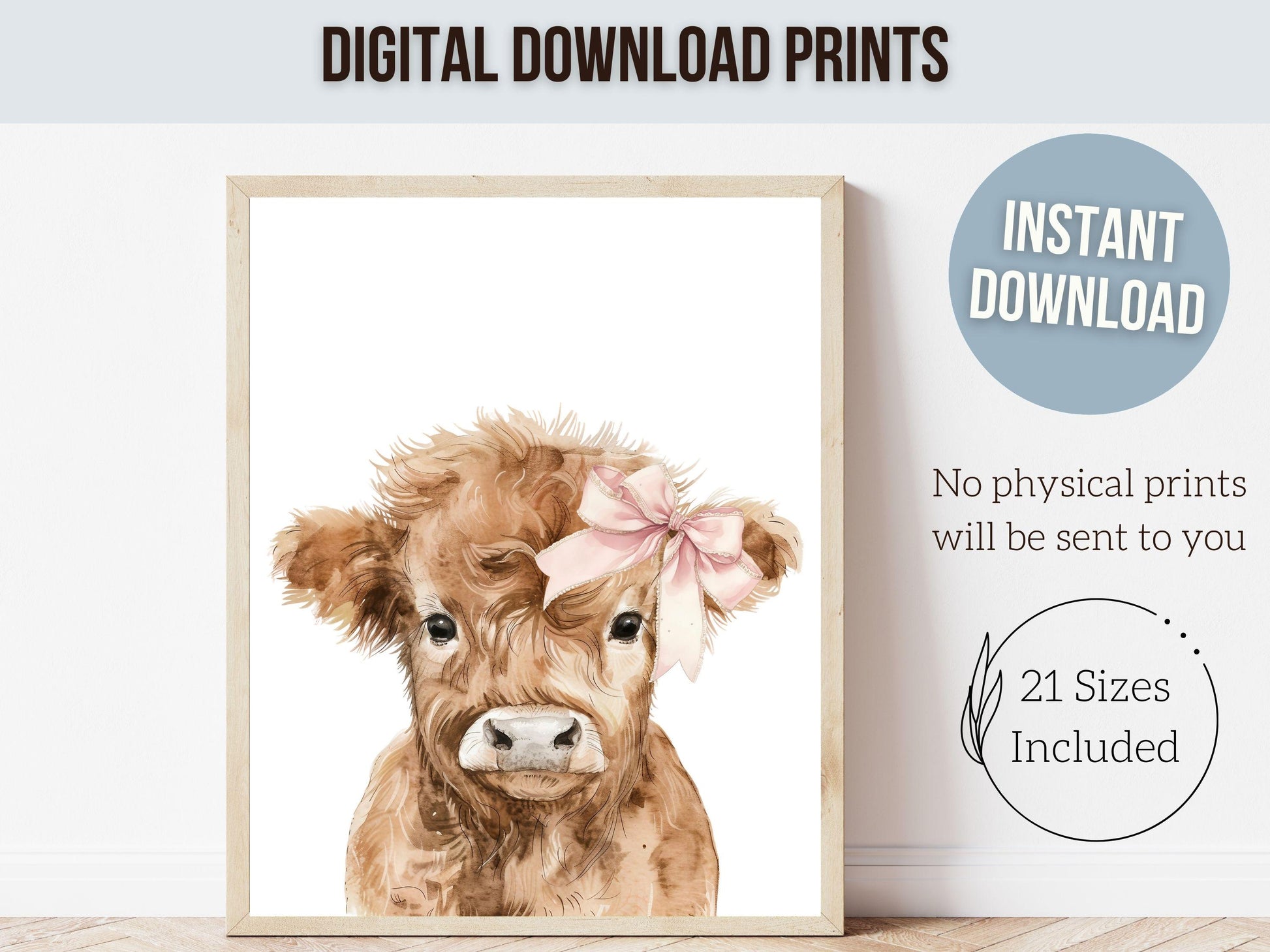 Highland Cow Nursery Print, Baby Girl Highland Cow Nursery Decor, Highland Cow Gift Kids Farm Room Wall Decor, Watercolor Cow Digital Print
