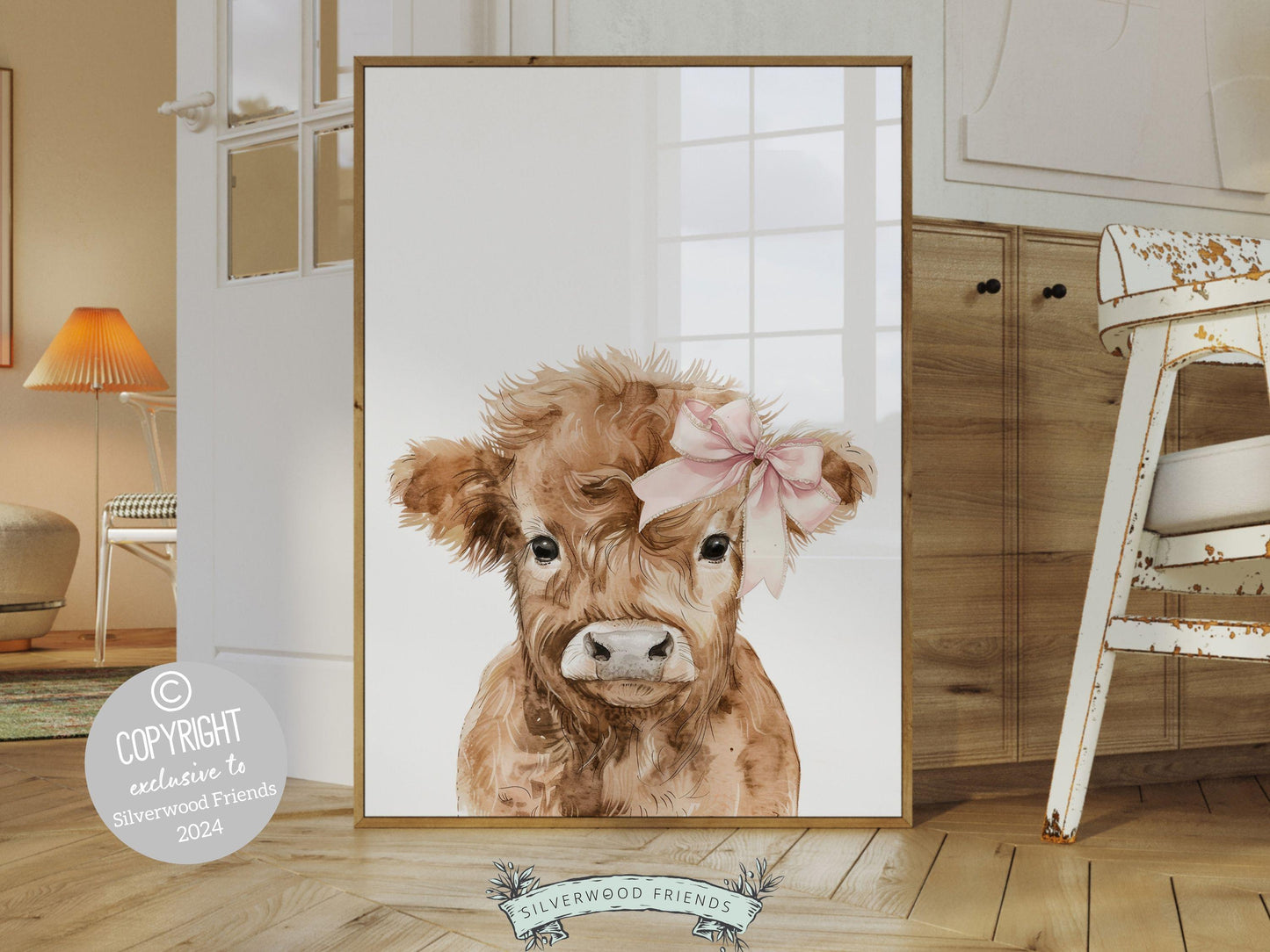 Our Highland Cow Nursery Print features adorable baby highland cow with a pink bow and is set on a white background. Perfect for your farm nursery decor or as a unique farm baby shower gift.