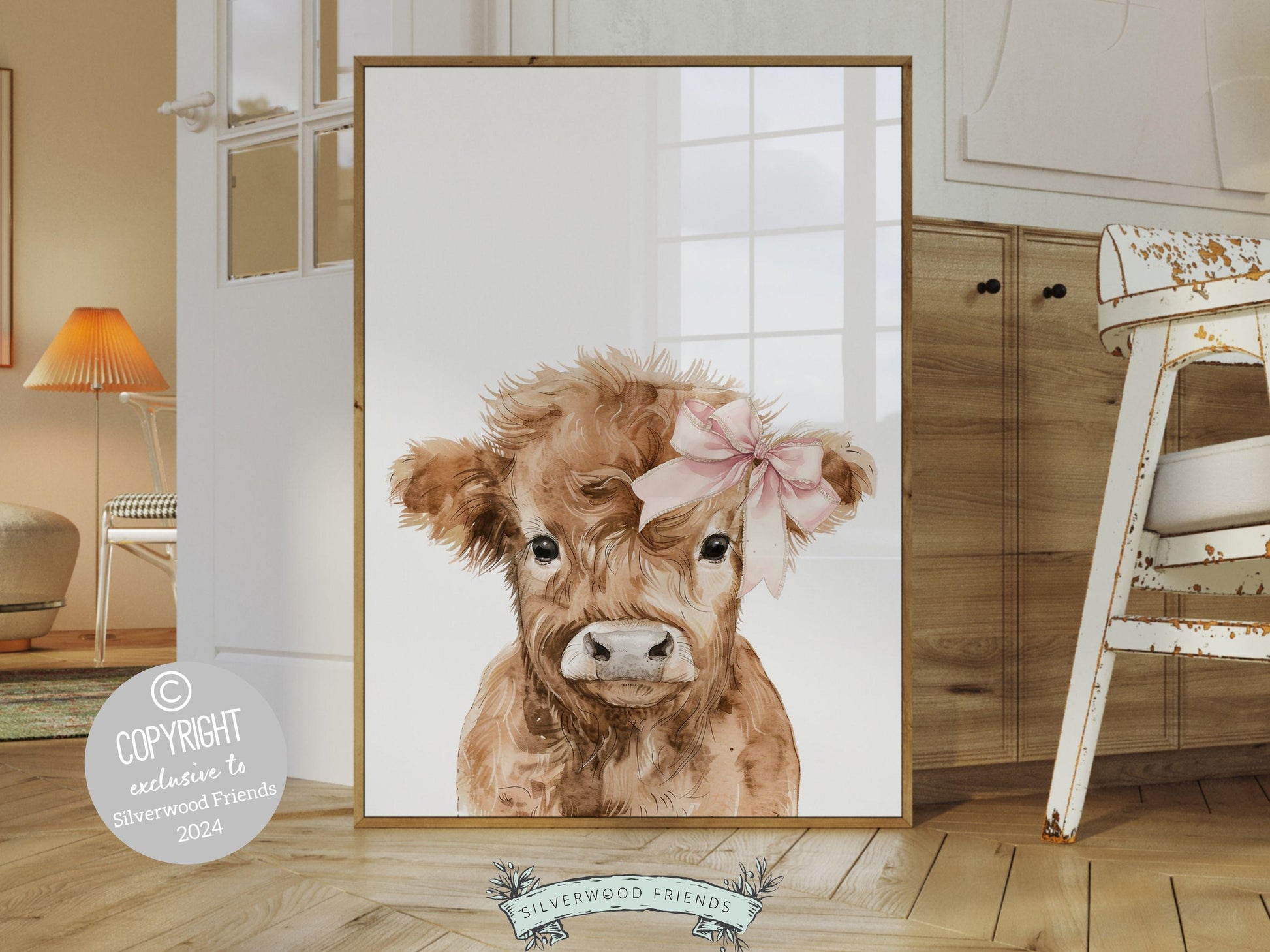 Our Highland Cow Nursery Print features adorable baby highland cow with a pink bow and is set on a white background. Perfect for your farm nursery decor or as a unique farm baby shower gift.