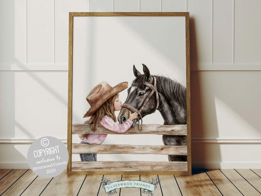 Watercolor print depicting a cowgirl kissing her beloved black horse atop a paddock fence. This charming artwork is perfect for your little ones space or as a heartfelt baby shower gift for horse riding enthusiasts.