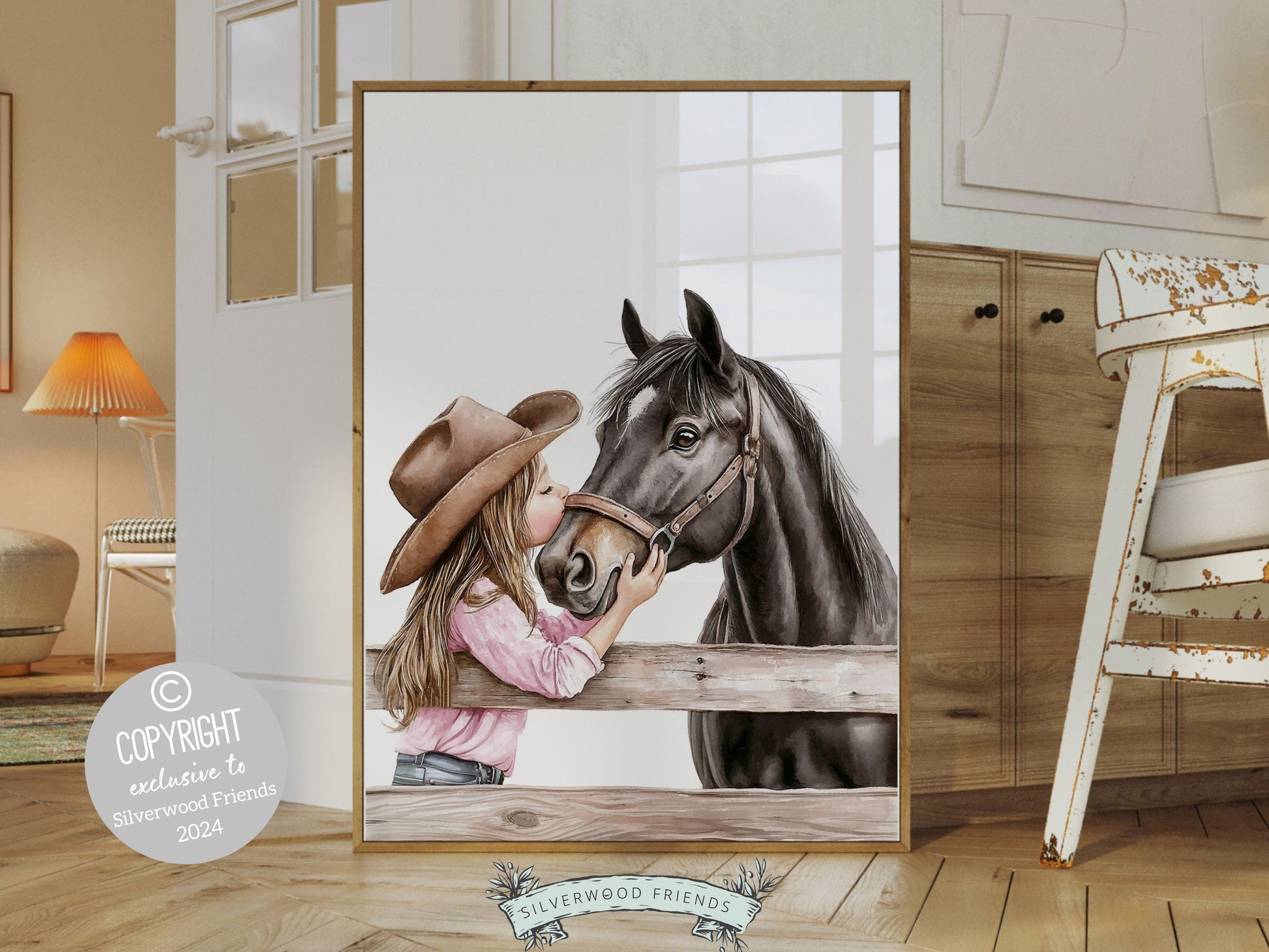 Watercolor print, depicting a cowgirl kissing her black horse atop a paddock fence. Perfect for cowgirl themed decor or as a heartfelt baby shower gift for horse riding enthusiasts.