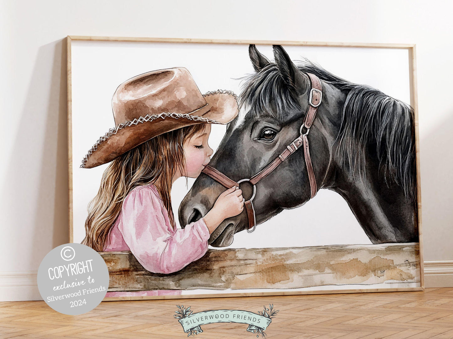 Watercolor print,depicting a cowgirl kissing her beloved black horse atop a paddock fence. Perfect for your little one&#39;s space or as a heartfelt baby shower gift for horse riding enthusiasts.