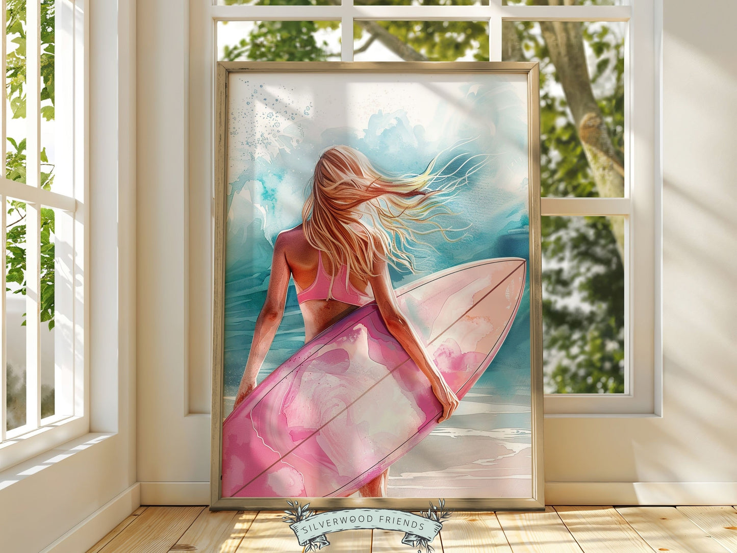 Pink Surfboard Wall Art Print, Beachy Room Decor, Trendy Dorm Room Surfing Wall Art,Teen Girl Beach House Surf Room Wall Decor Digital Print