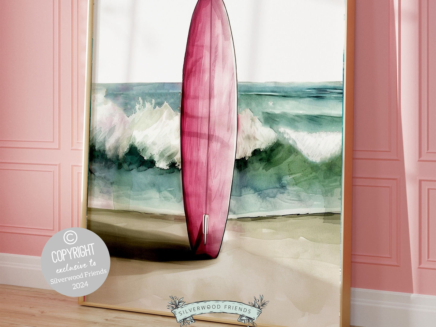 Pink Surfboard Print, Beachy Surfboard Wall Art, Ocean Nursery Wall Art, Trendy Beach House Surf Poster, Dorm Room Wall Decor Digital Print