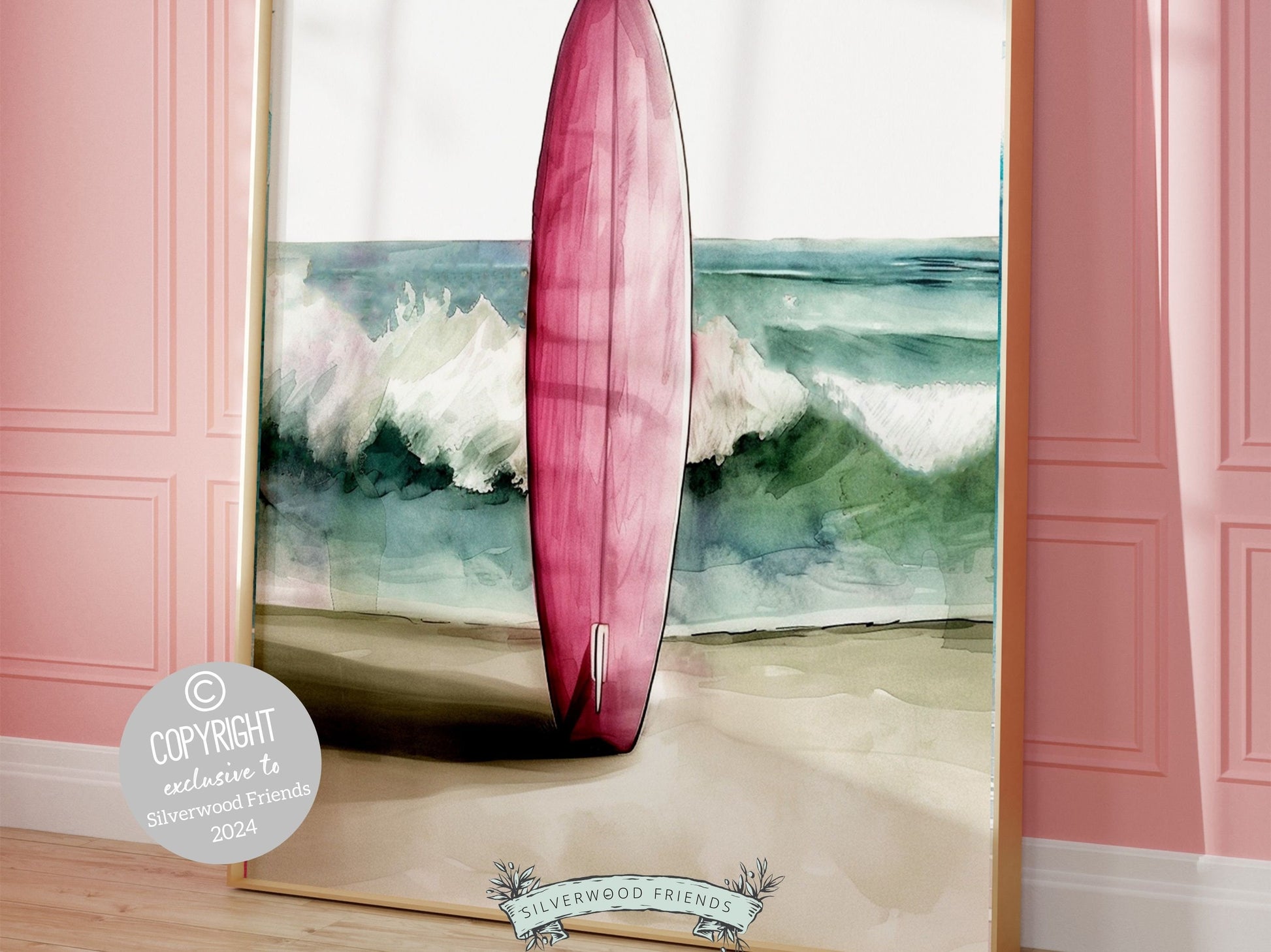 Pink Surfboard Print, Beachy Surfboard Wall Art, Ocean Nursery Wall Art, Trendy Beach House Surf Poster, Dorm Room Wall Decor Digital Print