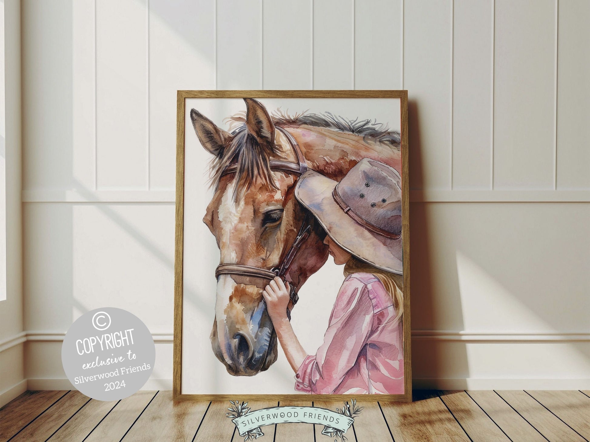 Watercolor print, depicting a cowgirl with her beloved horse. Our charming artwork effortlessly enhances your cowgirl themed decor, perfect for your little ones space or as a heartfelt baby shower gift for horse riding enthusiasts.