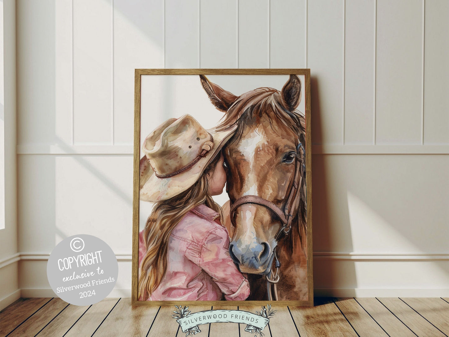 Watercolor print, depicting a cowgirl with her beloved horse. Our charming artwork effortlessly enhances your cowgirl themed decor, perfect for your little ones space or as a heartfelt baby shower gift for horse riding enthusiasts.