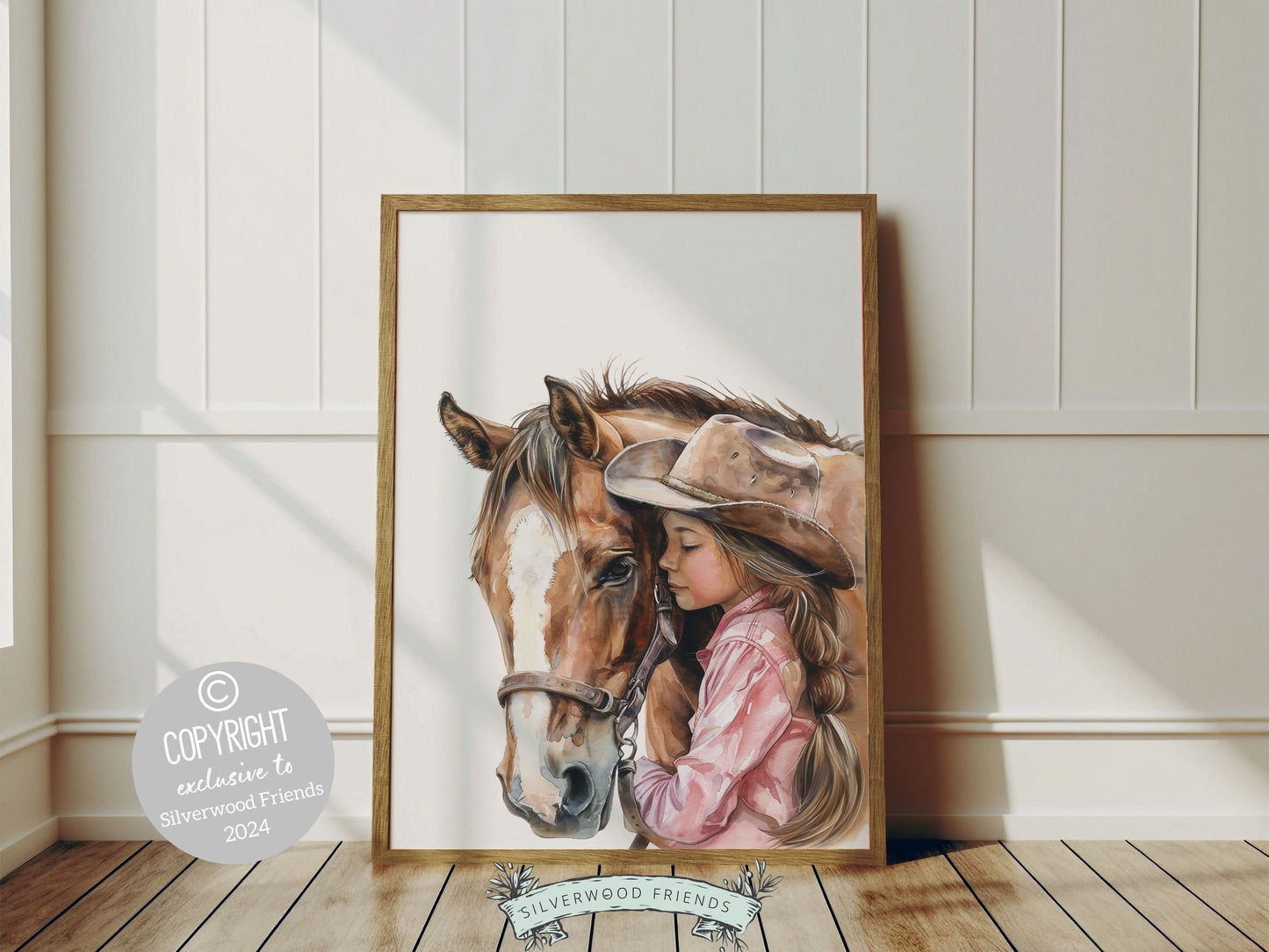 Watercolor print, depicting a cowgirl with her beloved horse. Our charming artwork effortlessly enhances your cowgirl themed decor, perfect for your little ones space or as a heartfelt baby shower gift for horse riding enthusiasts.