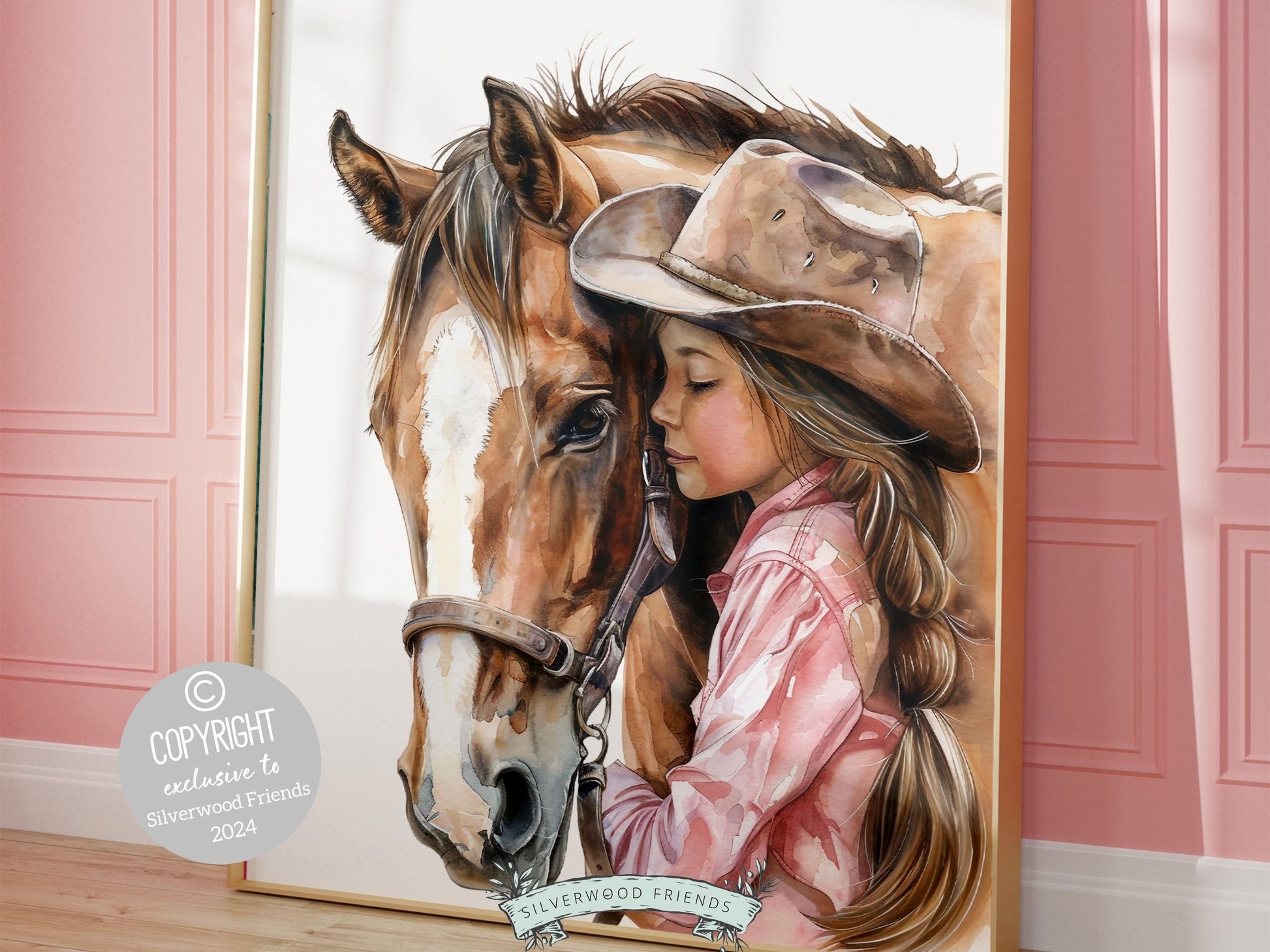Watercolor print, depicting a cowgirl with her beloved horse. Our charming artwork effortlessly enhances your cowgirl themed decor, perfect for your little ones space or as a heartfelt baby shower gift for horse riding enthusiasts.