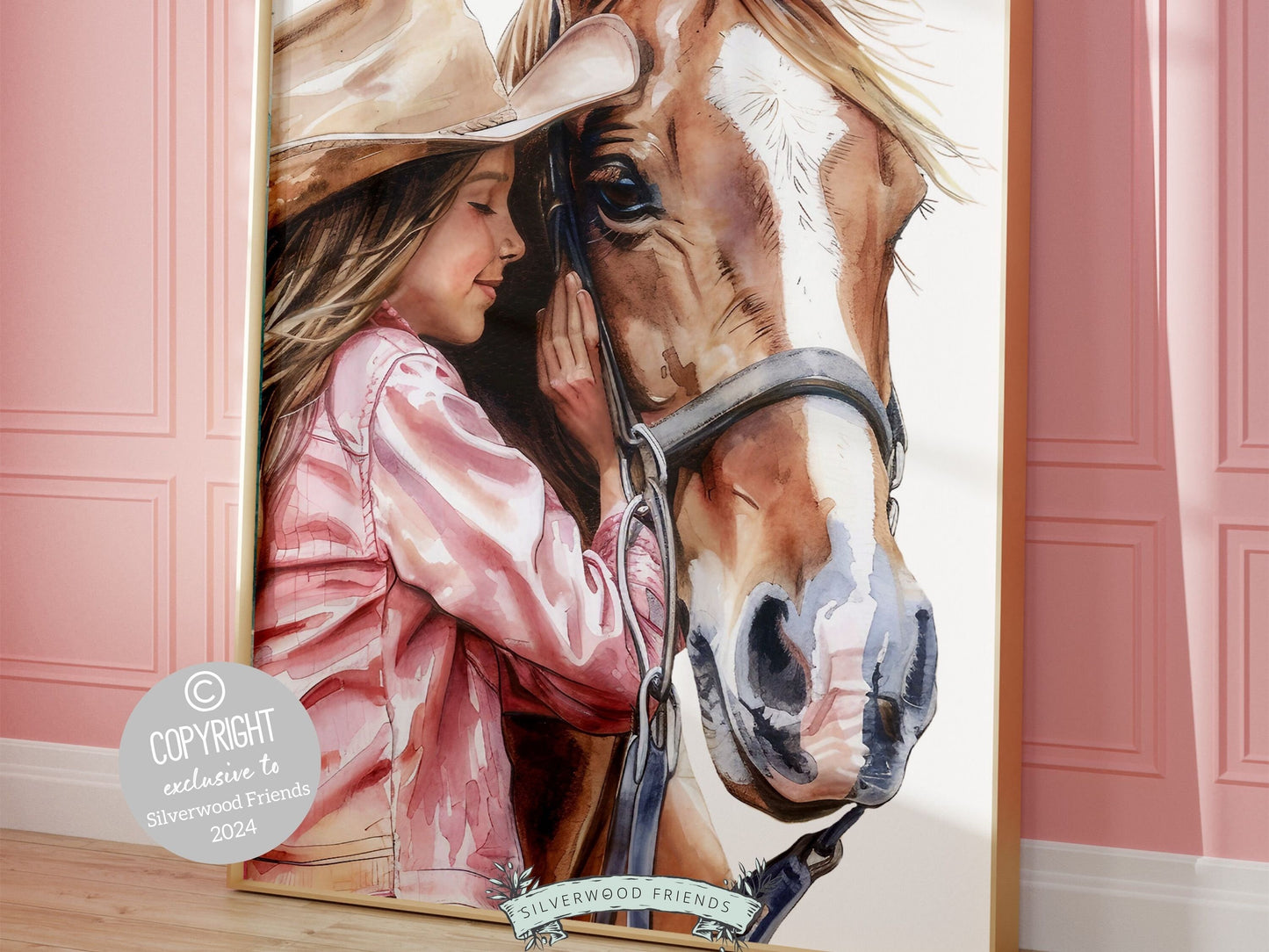 Watercolor print, depicting a cowgirl with her beloved horse. Our charming artwork effortlessly enhances your cowgirl themed decor, perfect for your little ones space or as a heartfelt baby shower gift for horse riding enthusiasts.