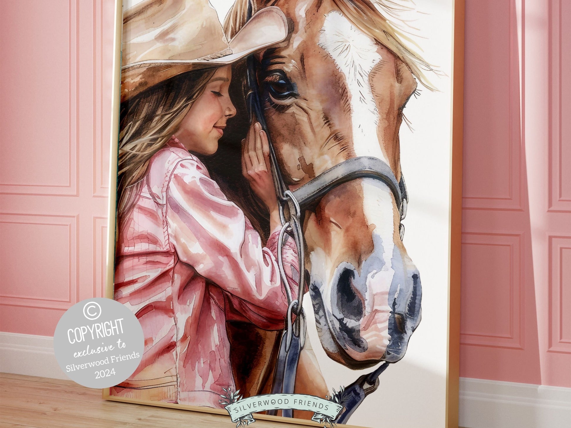 Watercolor print, depicting a cowgirl with her beloved horse. Our charming artwork effortlessly enhances your cowgirl themed decor, perfect for your little ones space or as a heartfelt baby shower gift for horse riding enthusiasts.