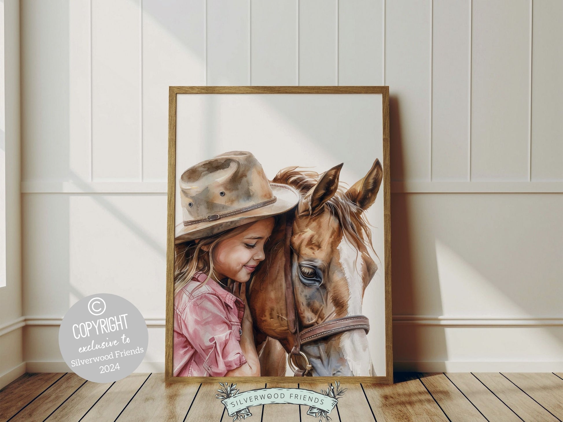 Watercolor print, depicting a cowgirl with her beloved horse. Our charming artwork effortlessly enhances your cowgirl themed decor, perfect for your little ones space or as a heartfelt baby shower gift for horse riding enthusiasts.