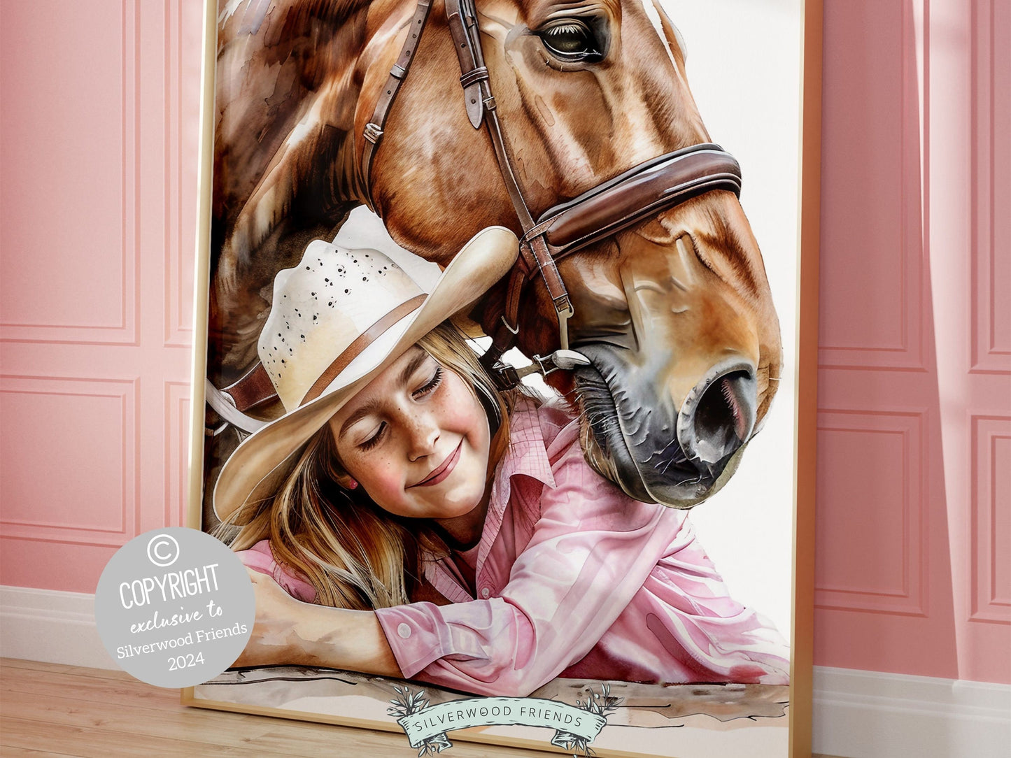 Watercolor print, depicting a cowgirl with her beloved horse. Our charming artwork effortlessly enhances your cowgirl themed decor, perfect for your daughters space or as a heartfelt gift for horse riding enthusiasts.