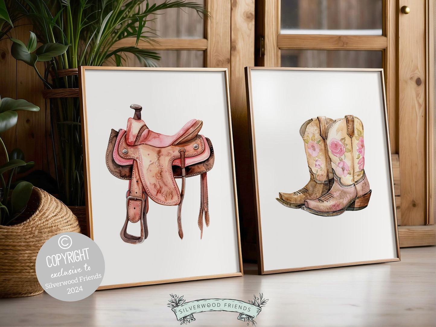 Set of 2 Cowgirl Nursery Prints showcasing watercolor cowgirl essentials in soft pink and brown hues. Our prints blend rustic appeal into your cowgirl themed decor, ideal for your little ones space or as a baby shower gift.