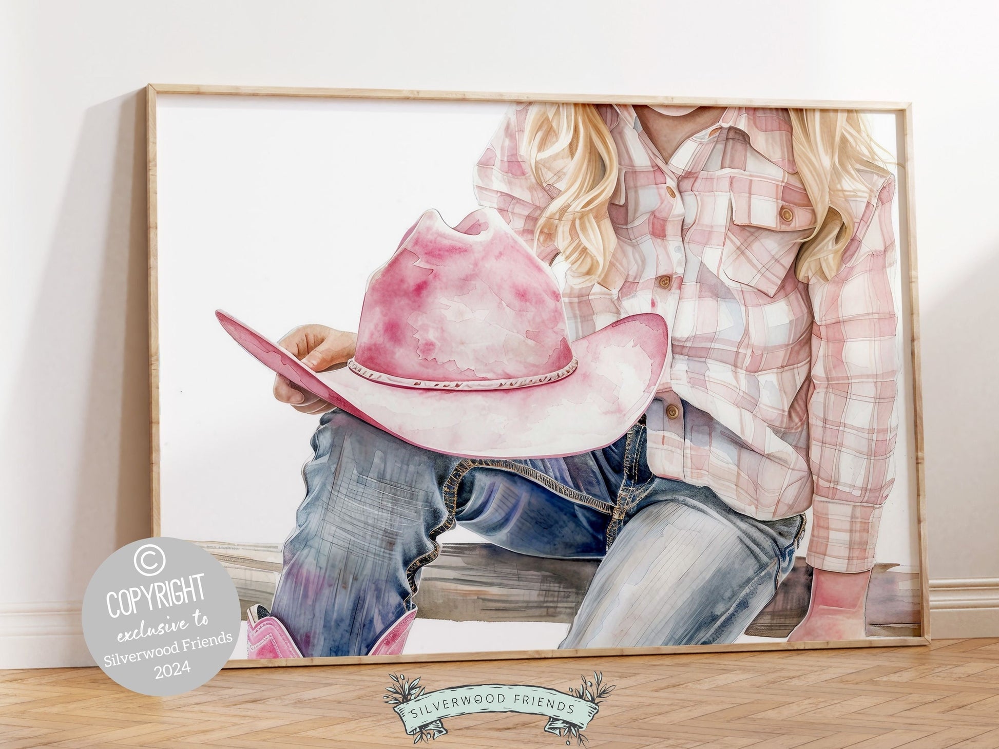 Watercolor digital print, featuring a little cowgirl sitting atop a paddock fence. Our gorgeous artwork effortlessly enhances your cowgirl themed decor, perfect for a girls country inspired bedroom or as a heartfelt gift for horse riding enthusiasts.