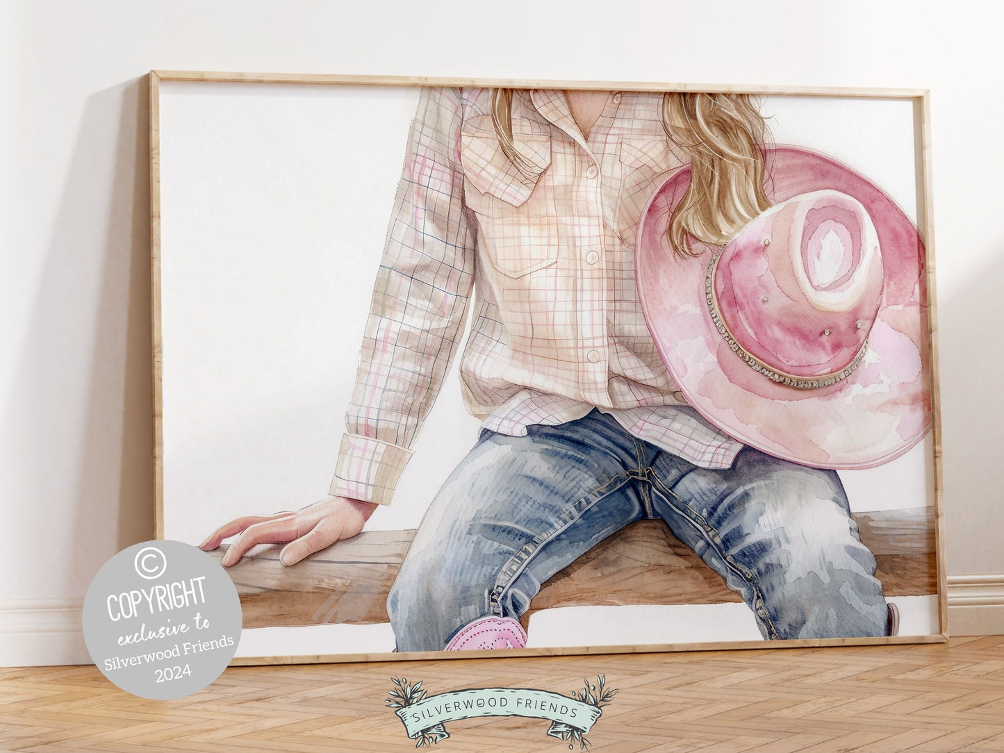 Watercolor digital print, featuring a little cowgirl sitting atop a paddock fence. Our gorgeous artwork effortlessly enhances your cowgirl themed decor, perfect for a girls country inspired bedroom or as a heartfelt gift for horse riding enthusiasts.