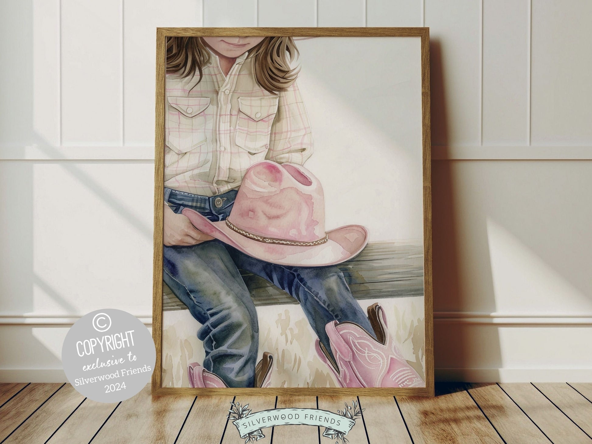Watercolor digital print, featuring a little cowgirl sitting atop a paddock fence. Our gorgeous artwork effortlessly enhances your cowgirl theme decor, perfect for a girls country inspired bedroom or as a heartfelt gift for horse riding enthusiasts.