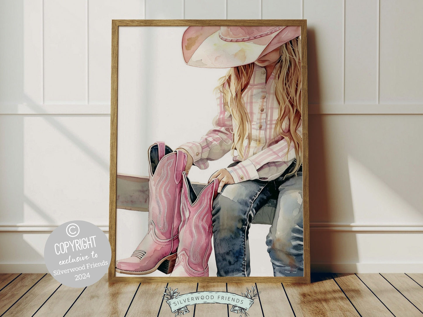 Watercolor digital print, featuring a little cowgirl sitting atop a paddock fence. Our gorgeous artwork effortlessly enhances your cowgirl themed decor, perfect for a girl country inspired bedroom or as a heartfelt gift for horse riding enthusiasts.