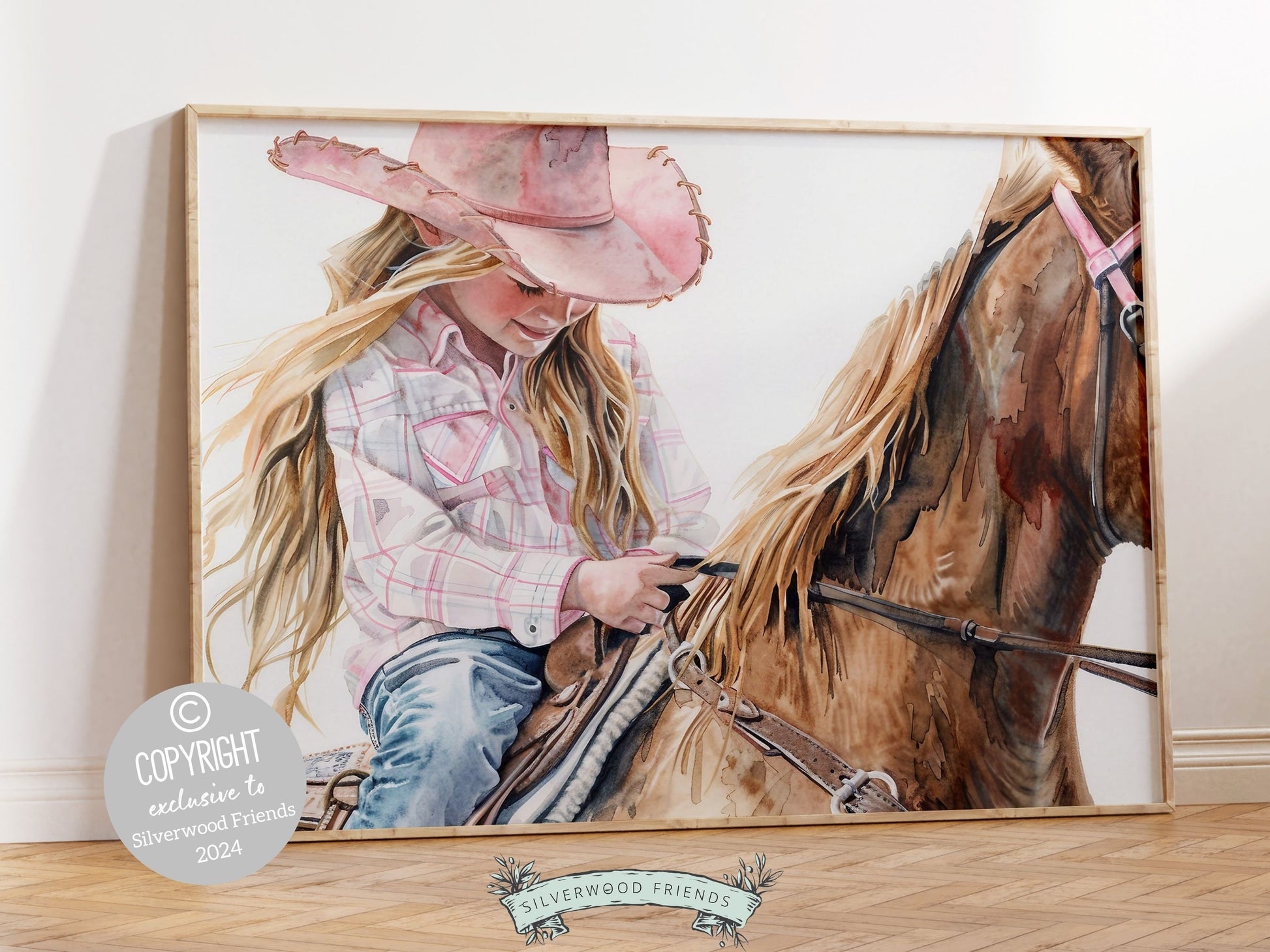 Watercolor print, depicting a cowgirl riding her horse. This charming artwork effortlessly enhances your cowgirl themed decor, perfect for your little one&#39;s space or as a heartfelt baby shower or birthday gift for horse riding enthusiasts.