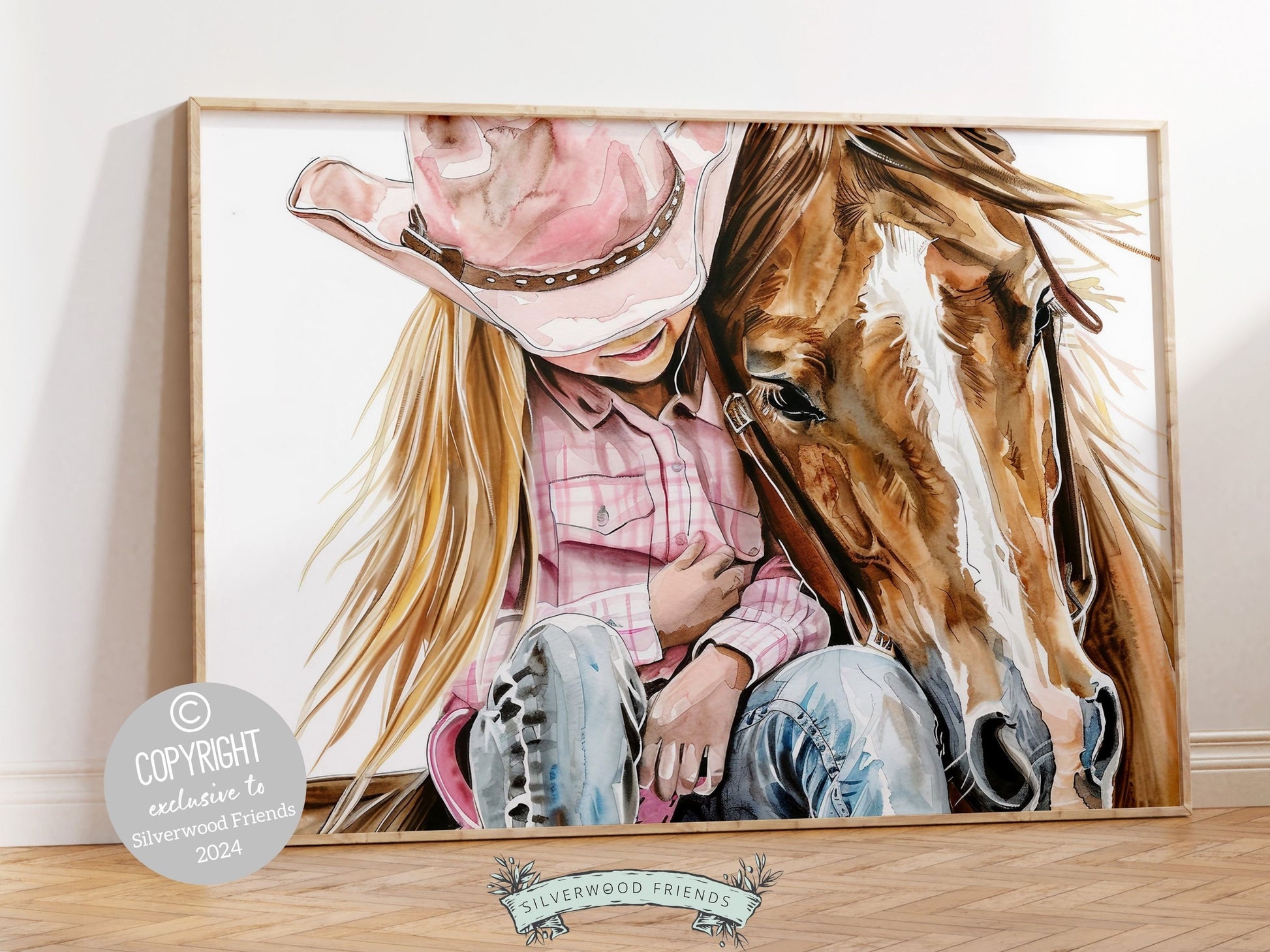 Watercolor print depicting a cowgirl sitting with her beloved horse atop a paddock fence. This artwork effortlessly enhances your cowgirl themed decor, perfect for your little ones space or as a heartfelt baby shower gift