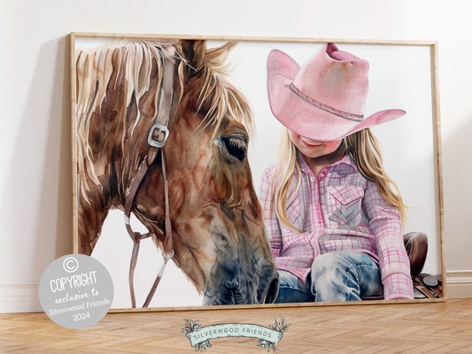 Watercolor digital print. This charming artwork effortlessly enhances your cowgirl themed decor, perfect for your little ones space or as a heartfelt baby shower gift for horse riding enthusiasts.