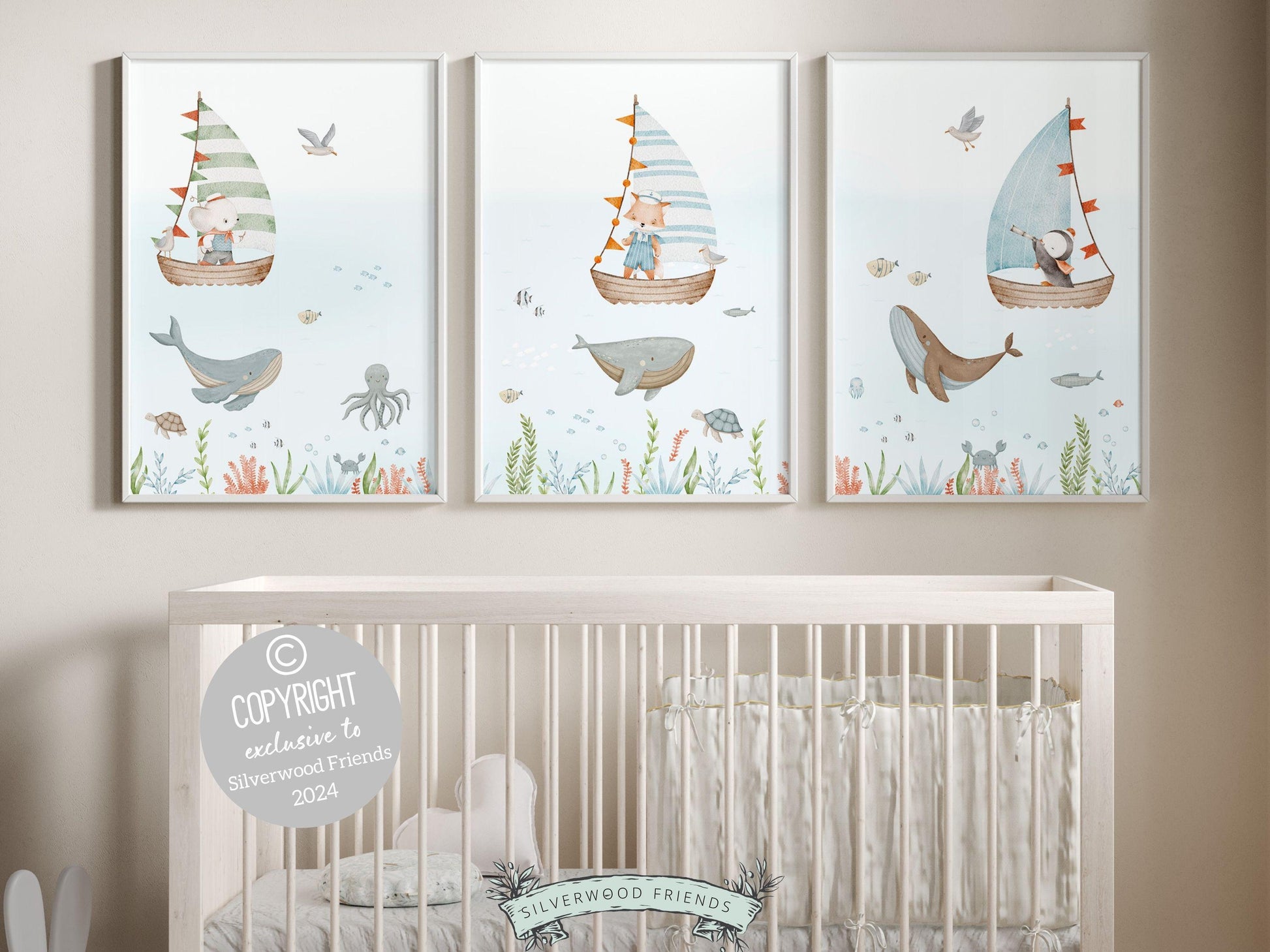 Set of 3 Ocean Nursery Prints, Nautical Ocean Nursery Decor, Whale Print, Baby Boy Ocean Theme Nursery Under The Sea Nursery Digital Prints