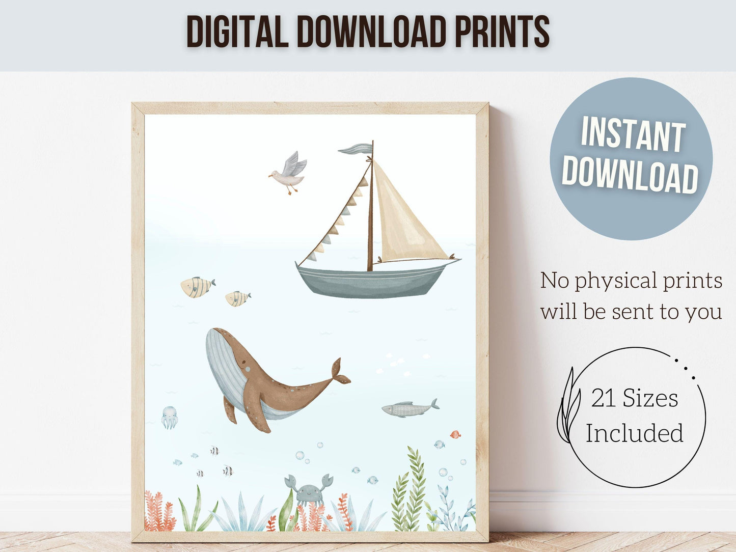 Set of 3 Ocean Nursery Prints, Nautical Ocean Nursery Decor, Whale Print, Baby Boy Boat Nursery, Under The Sea Animal Nursery Digital Prints