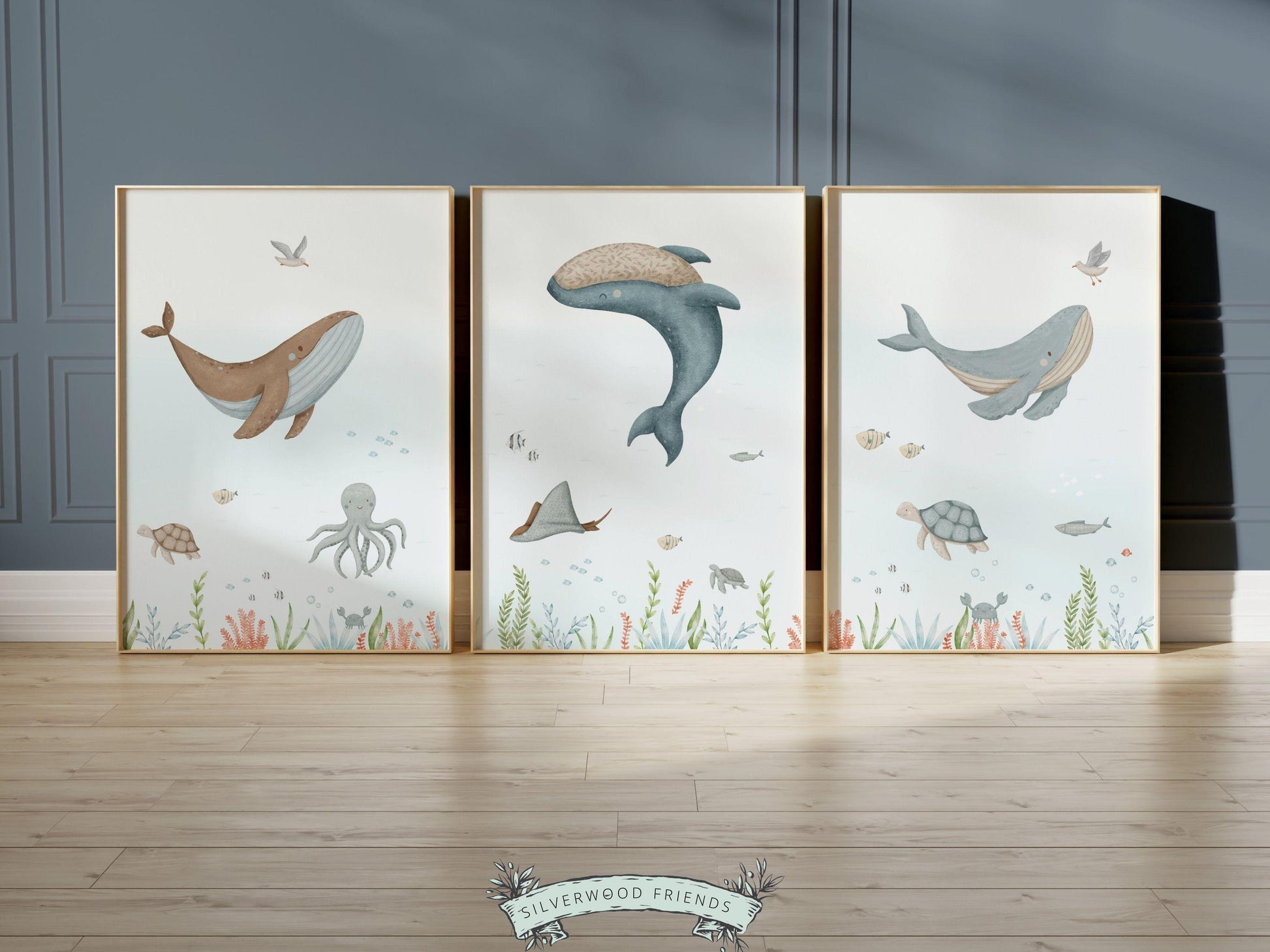 Set of 3 Whale Nursery Prints, Nautical Ocean Nursery Decor, Baby Boy Boat Nursery Wall Art, Kids Room Under The Sea Nursery Digital Print