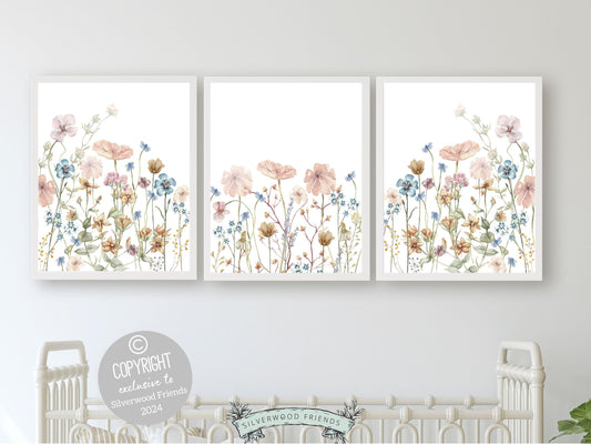 Wildflower Nursery Prints, Baby Girl Floral Boho Nursery Wall Art, Girls Nursery Prints, Pink Blue Wildflower Nursery Decor Digital Prints