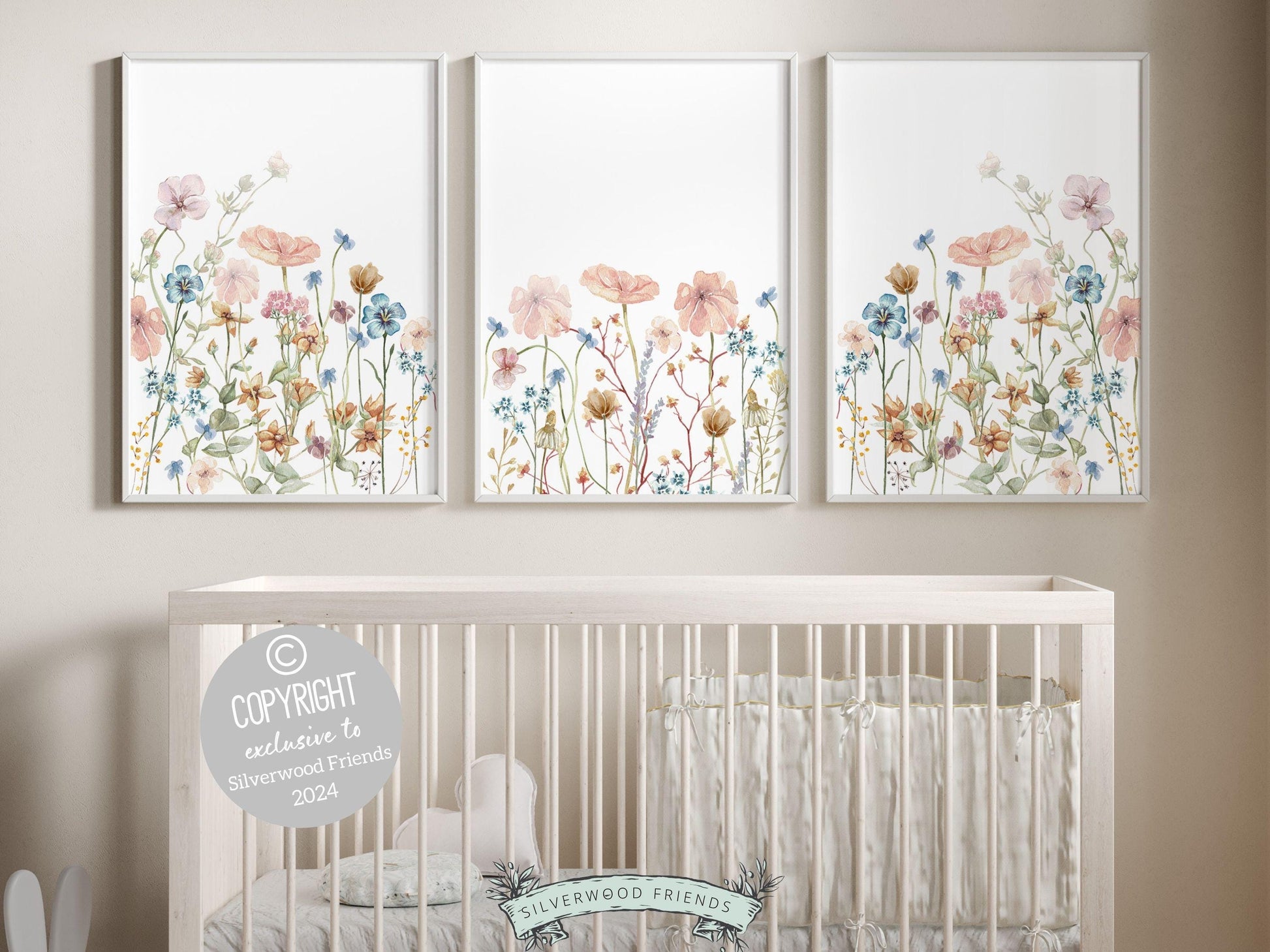 Our gorgeous Wildflower Nursery Print Set with watercolor pink and blue wildflower meadow flowers is perfect for your wildflower nursery decor or boho nursery and also makes a unique baby shower gift.