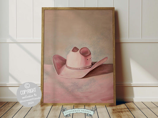 Infuse your decor with western flair using our Cowgirl Hat Print, showcasing a watercolor cowgirl hat in soft pink and beige hues. Ideal for a cowgirl nursery or as a heartfelt gift for horse-riding enthusiasts.