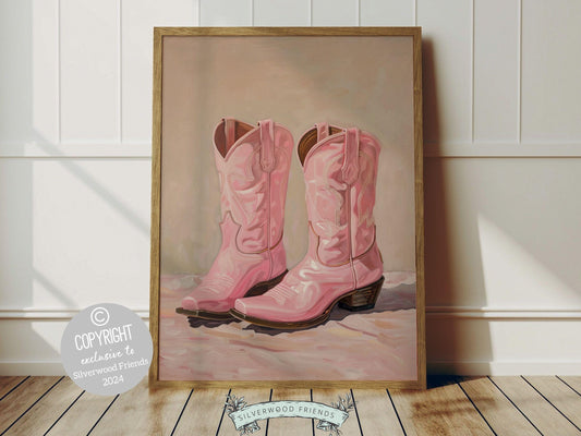 Cowgirl Boots Print, showcasing a watercolor cowgirl boots in soft pink and beige hues. This lovely digital print blends rustic appeal into your cowgirl themed decor, ideal for a cowgirl nursery or as a heartfelt gift for horse riding enthusiasts.