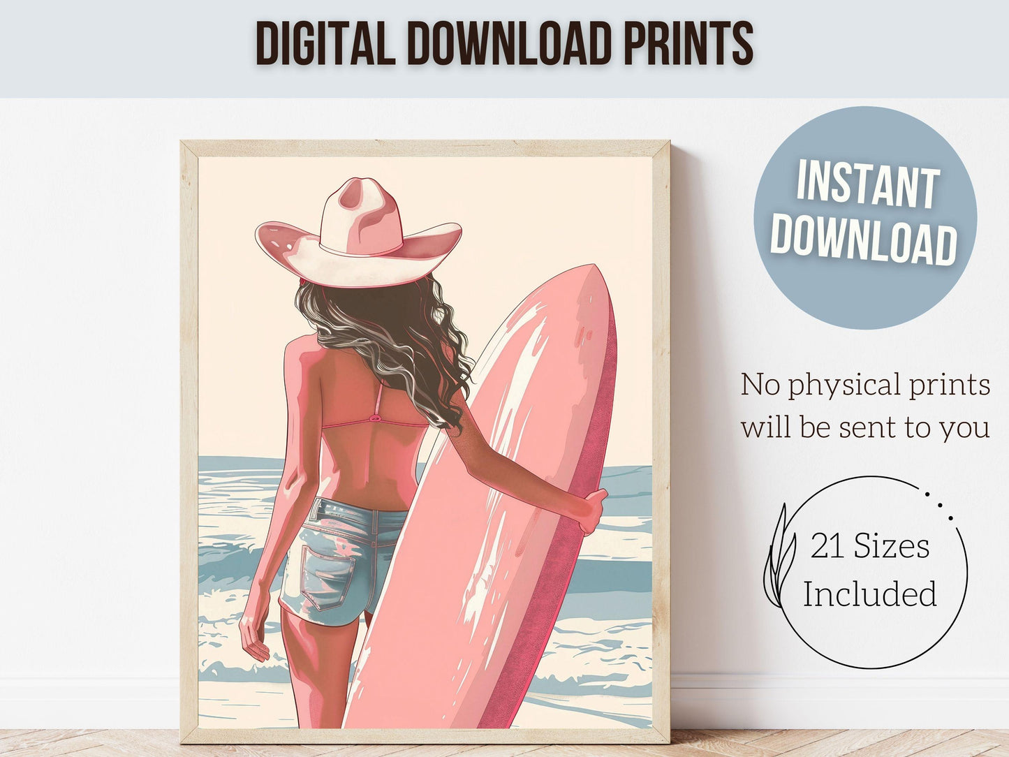 Girl Surfer Poster Pink Surfboard Print, Beachy Room Decor, Trendy Dorm Room Surfing Wall Art,Teen Girl Beach House Wall Decor Digital Print