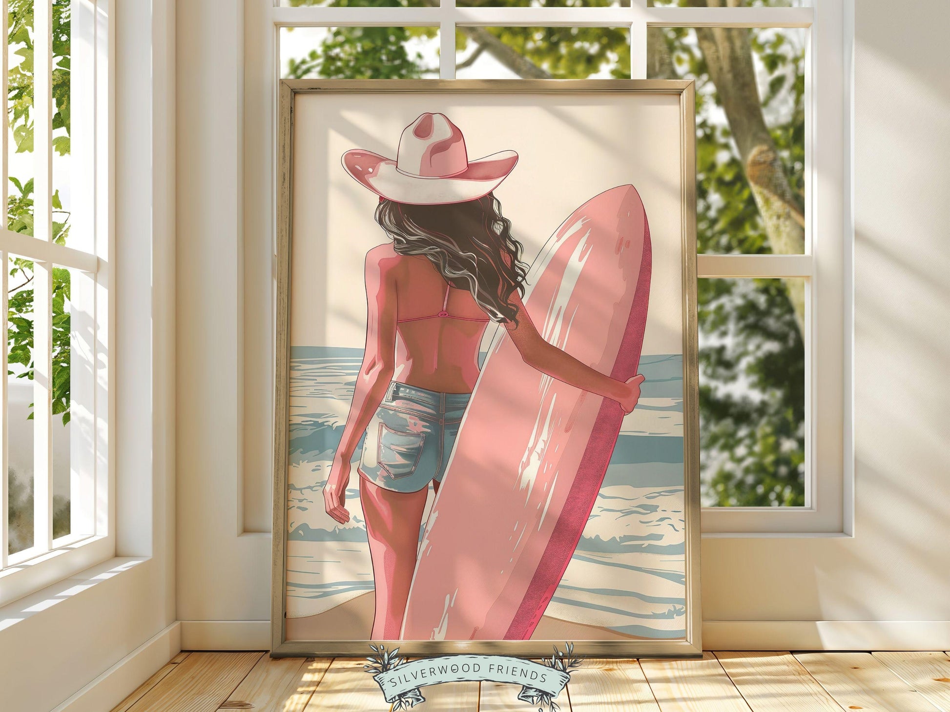 Girl Surfer Poster Pink Surfboard Print, Beachy Room Decor, Trendy Dorm Room Surfing Wall Art,Teen Girl Beach House Wall Decor Digital Print