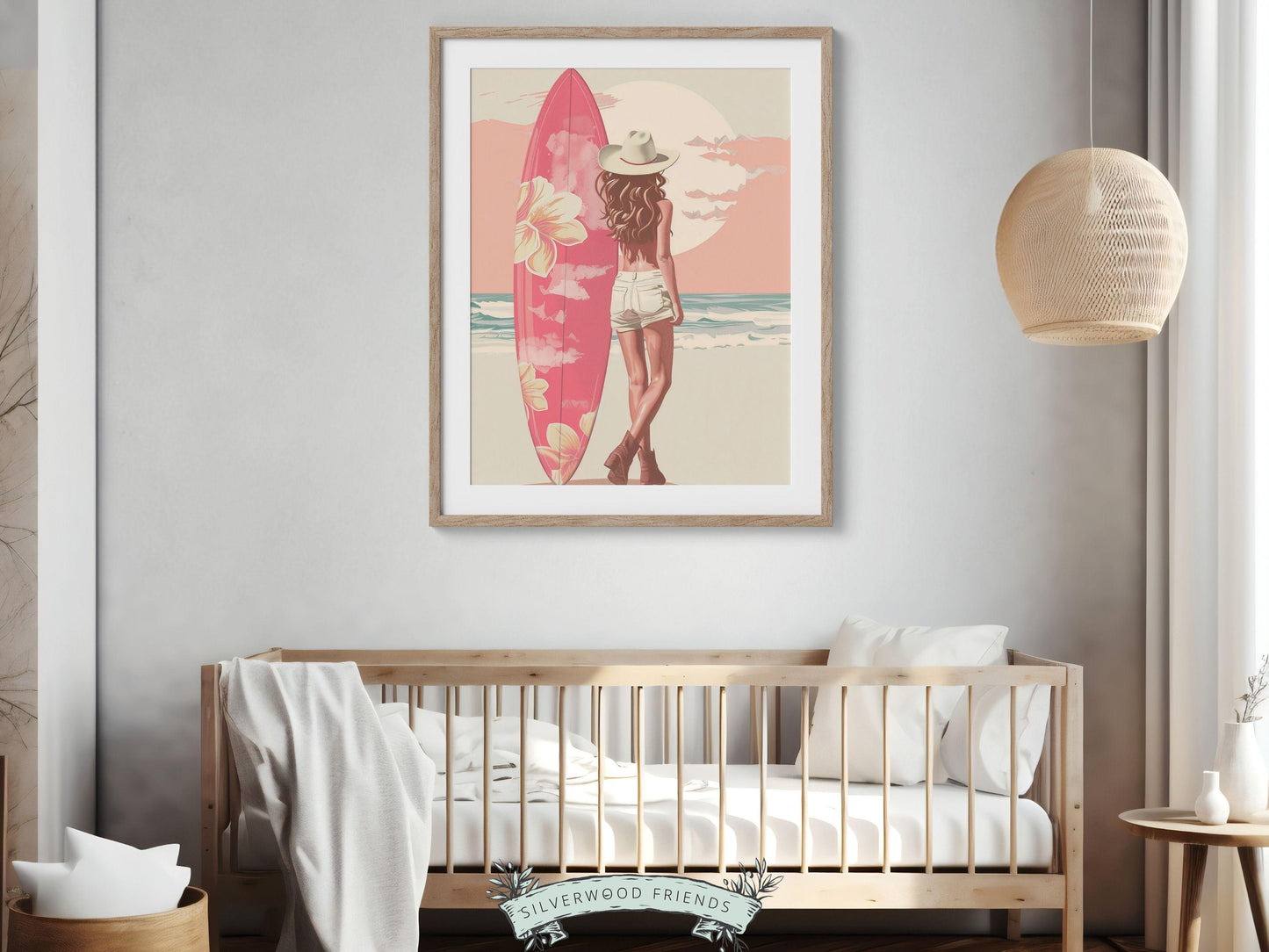 Girl Surfer Poster Pink Surfboard Print, Beachy Room Decor, Trendy Dorm Room Surfing Wall Art,Teen Girl Beach House Wall Decor Digital Print