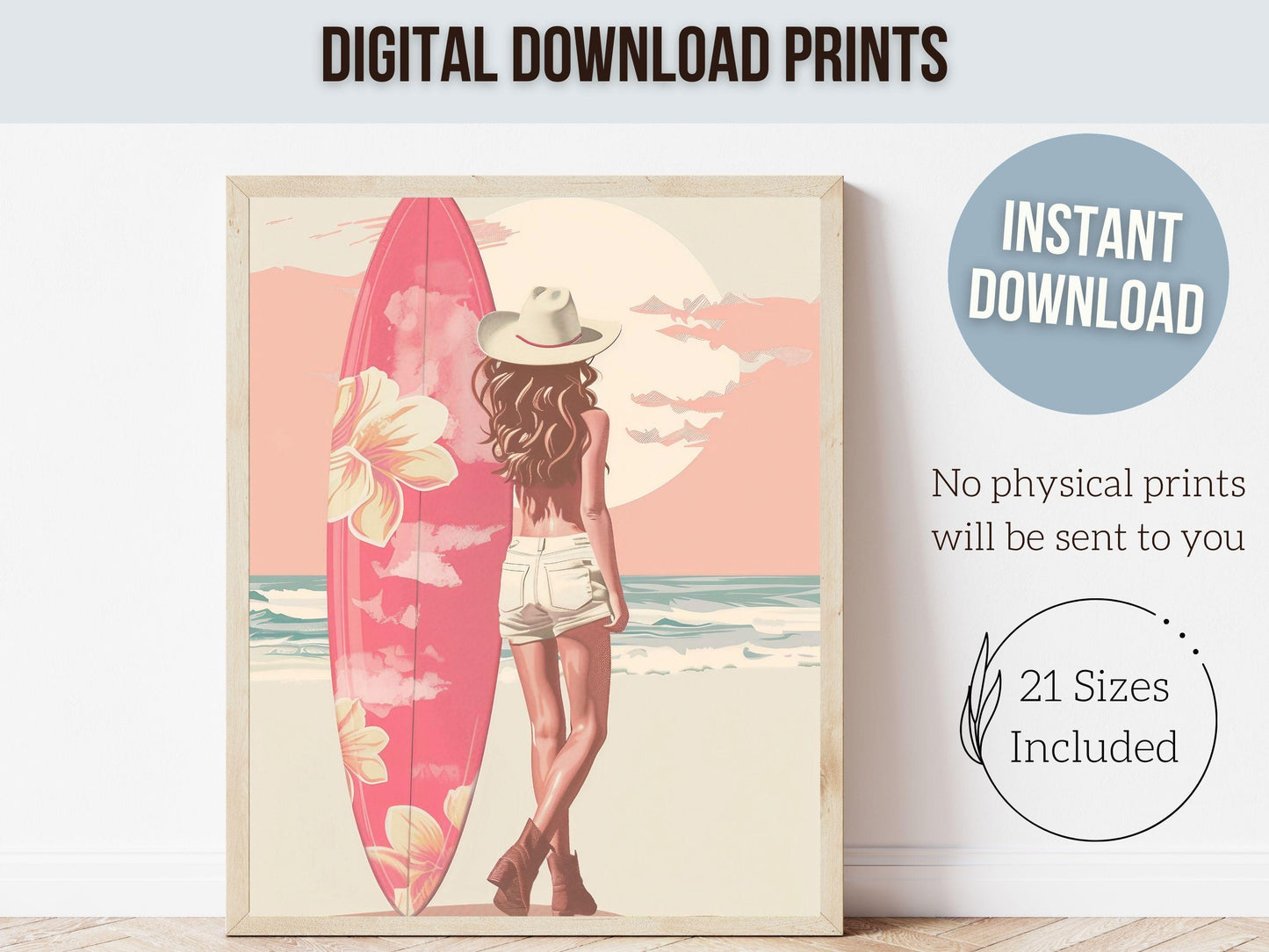 Girl Surfer Poster Pink Surfboard Print, Beachy Room Decor, Trendy Dorm Room Surfing Wall Art,Teen Girl Beach House Wall Decor Digital Print