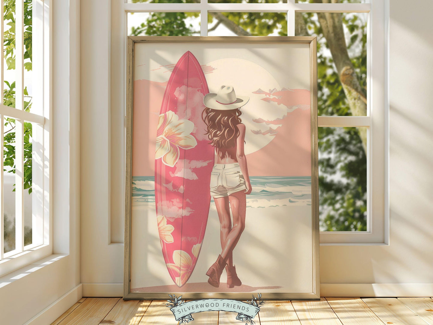 Girl Surfer Poster Pink Surfboard Print, Beachy Room Decor, Trendy Dorm Room Surfing Wall Art,Teen Girl Beach House Wall Decor Digital Print