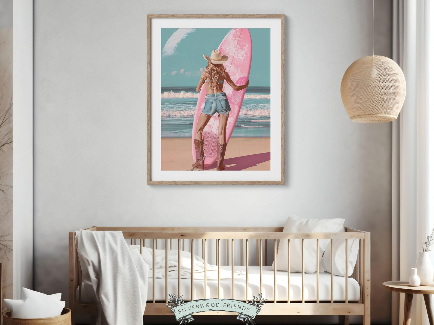 Girl Surfer Poster Pink Surfboard Print, Beachy Room Decor, Coastal Cowgirl Dorm Room Poster, Teen Girl Beach House Wall Decor Digital Print