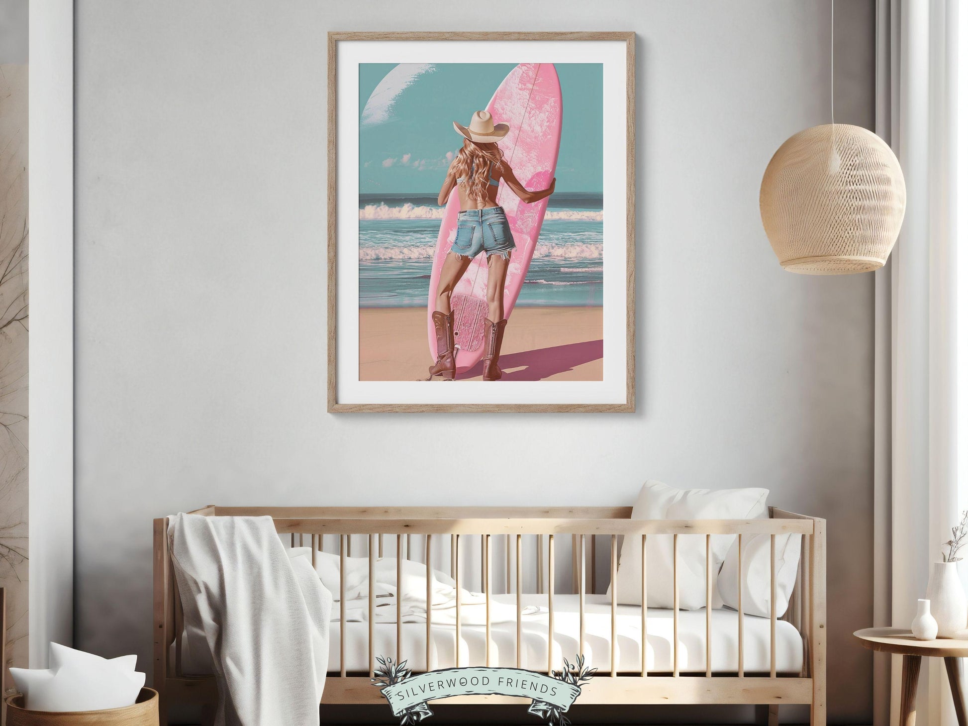 Girl Surfer Poster Pink Surfboard Print, Beachy Room Decor, Coastal Cowgirl Dorm Room Poster, Teen Girl Beach House Wall Decor Digital Print
