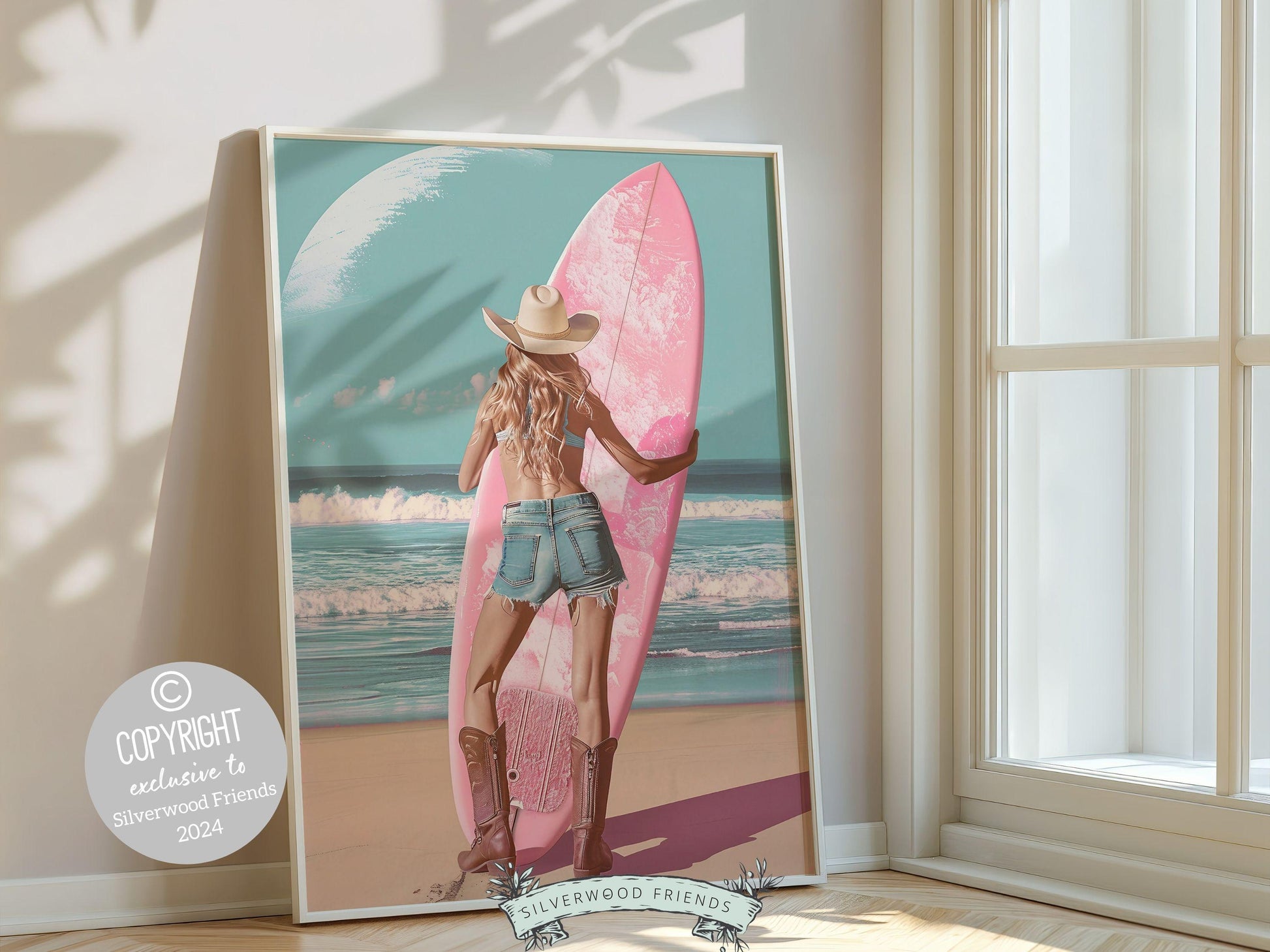 Girl Surfer Poster Pink Surfboard Print, Beachy Room Decor, Coastal Cowgirl Dorm Room Poster, Teen Girl Beach House Wall Decor Digital Print