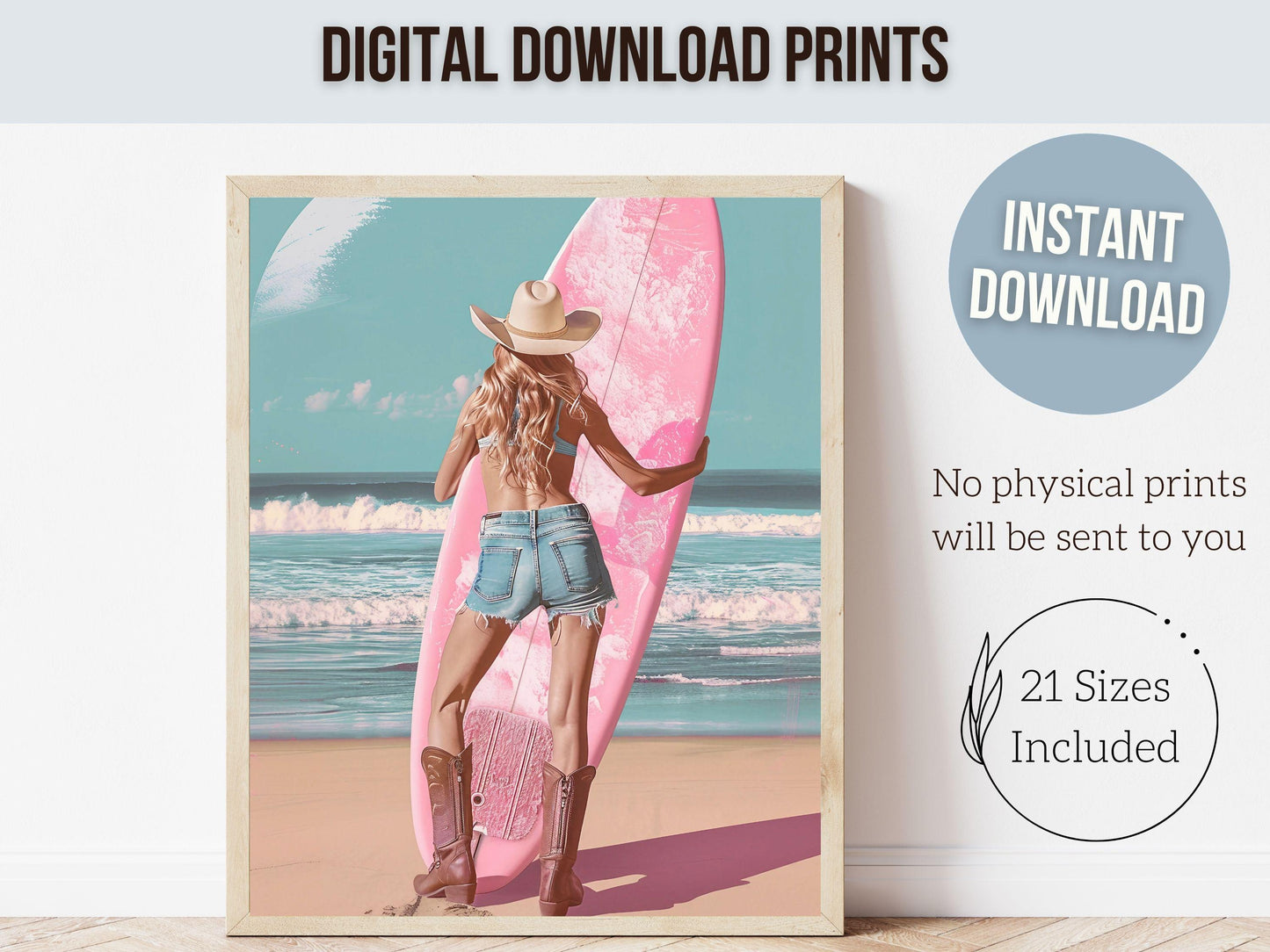 Girl Surfer Poster Pink Surfboard Print, Beachy Room Decor, Coastal Cowgirl Dorm Room Poster, Teen Girl Beach House Wall Decor Digital Print